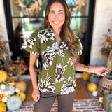 Moss Floral Puff Sleeve Blouse-200 Fashion Blouses-TCEC-July & June Women's Fashion Boutique Located in San Antonio, Texas