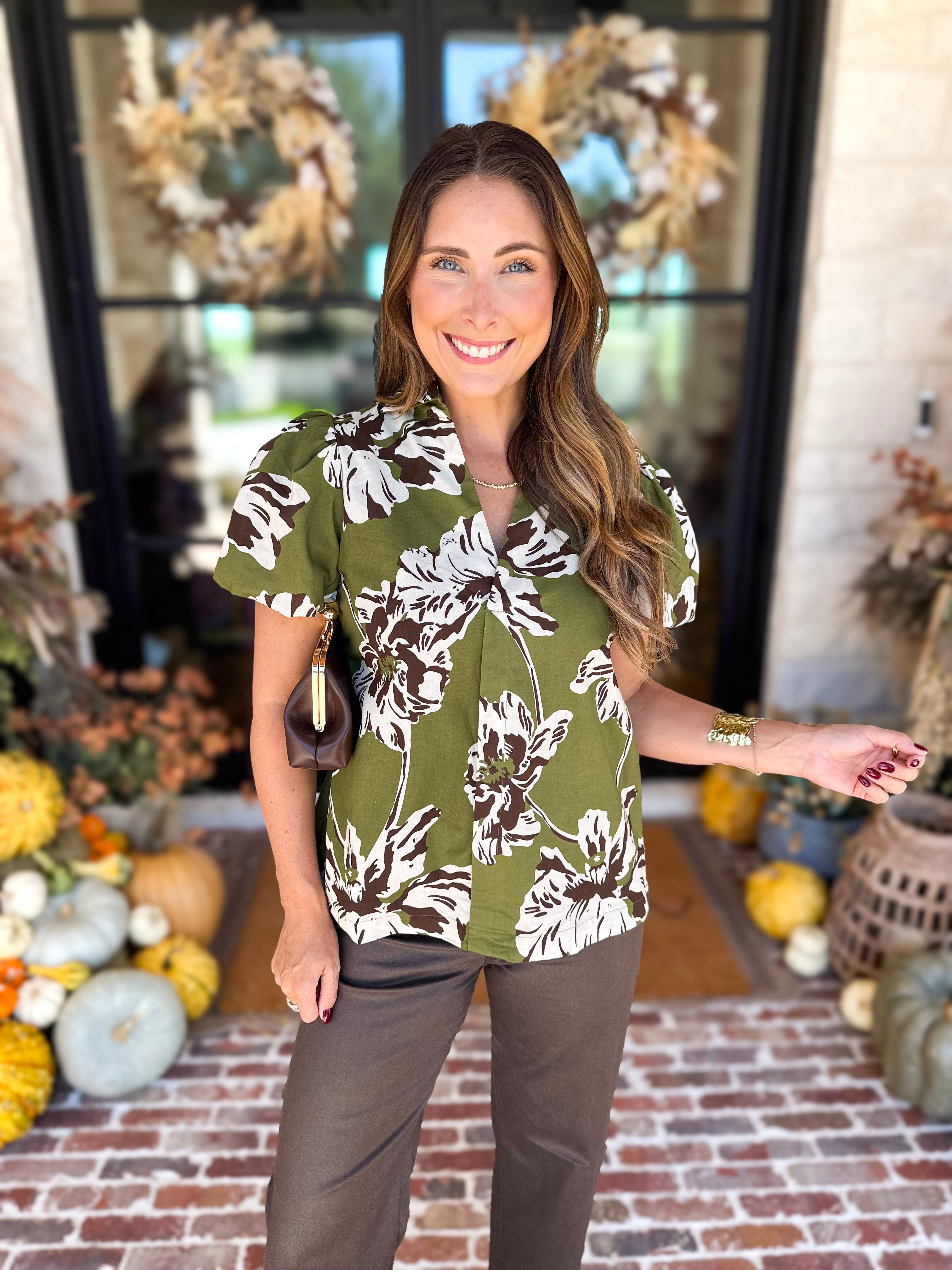 Moss Floral Puff Sleeve Blouse-200 Fashion Blouses-TCEC-July & June Women's Fashion Boutique Located in San Antonio, Texas