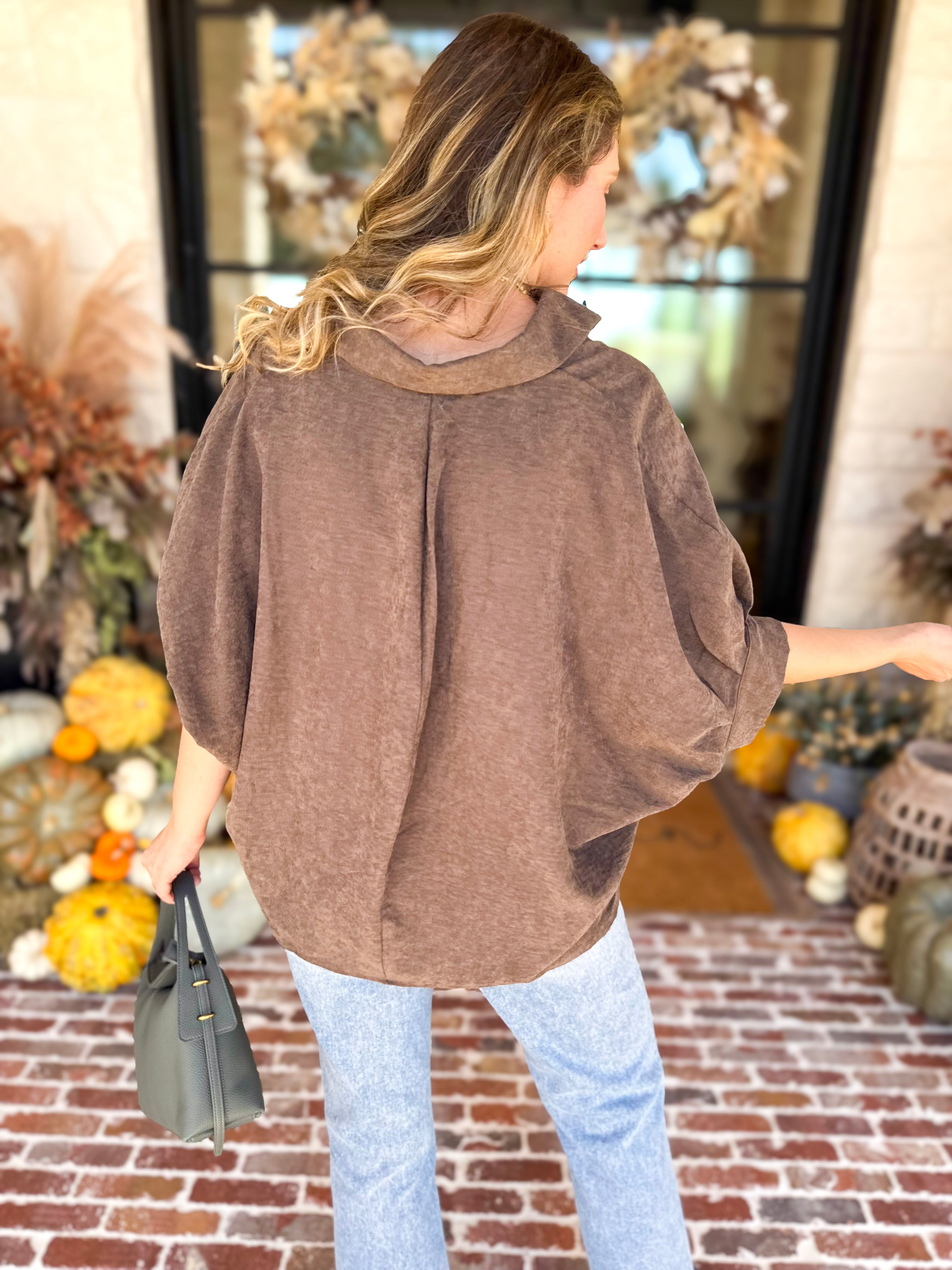 Heathered Brown Oversized Blouse-200 Fashion Blouses-ENTRO-July & June Women's Fashion Boutique Located in San Antonio, Texas