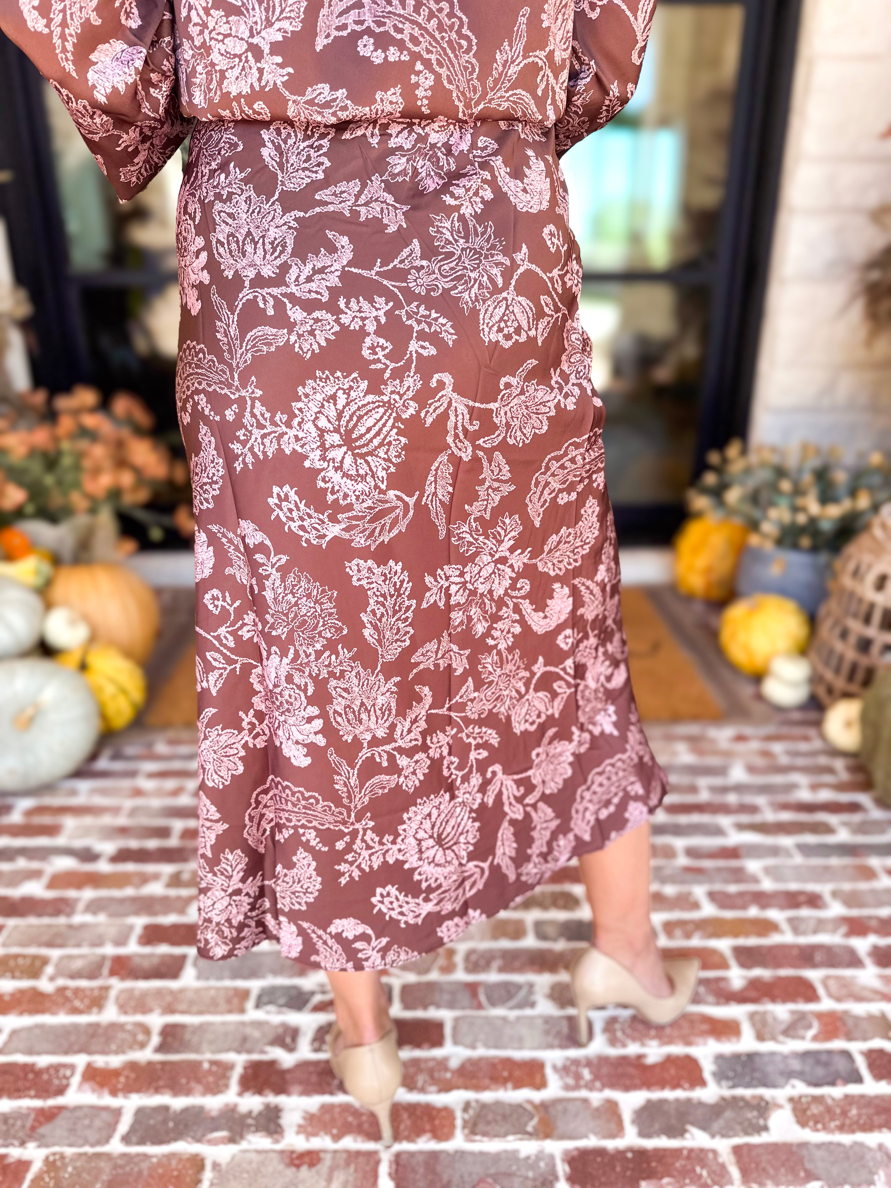 Current Air - Satin Blushing Florals Midi Skirt-410 Shorts/Skirts-CURRENT AIR CLOTHING-July & June Women's Fashion Boutique Located in San Antonio, Texas
