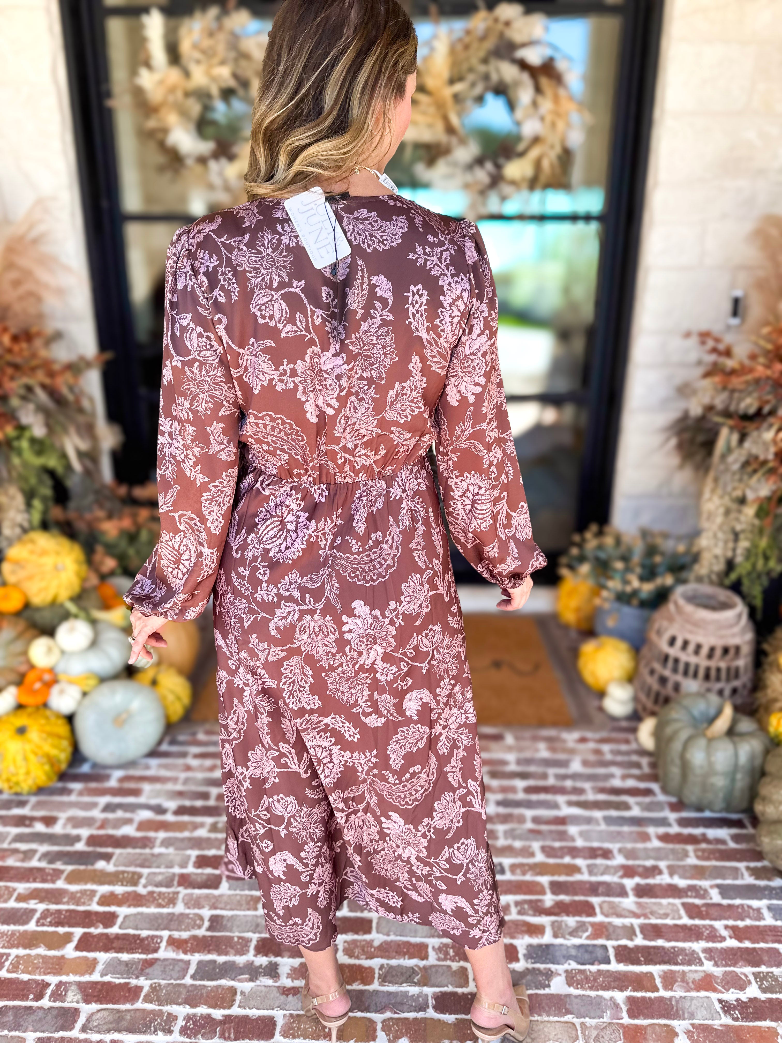 Current Air - Mocha Rose Satin Midi Dress-500 Midi-CURRENT AIR CLOTHING-July & June Women's Fashion Boutique Located in San Antonio, Texas