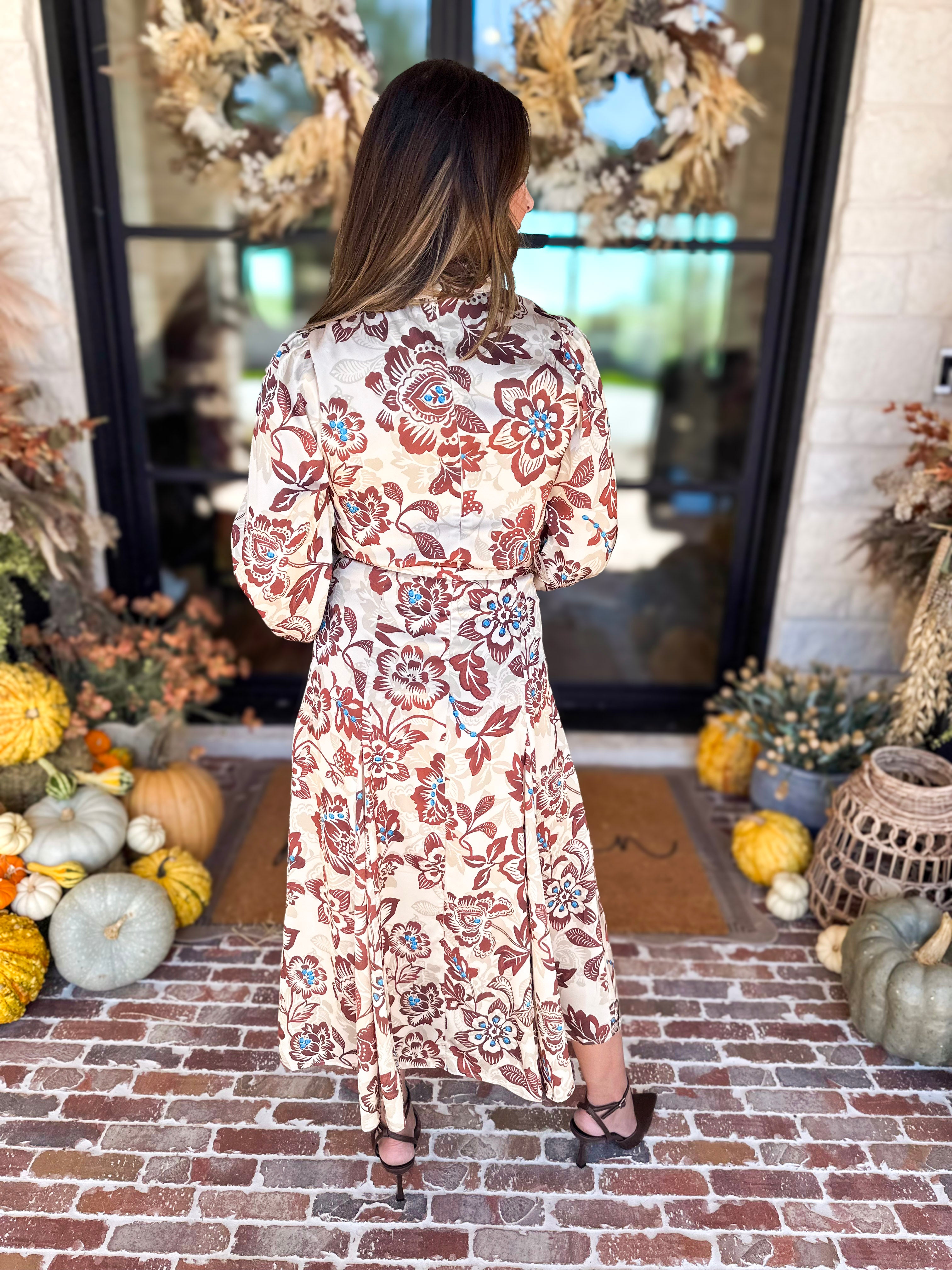 Current Air - Saddlewood Floral Midi Dress-500 Midi-CURRENT AIR CLOTHING-July & June Women's Fashion Boutique Located in San Antonio, Texas