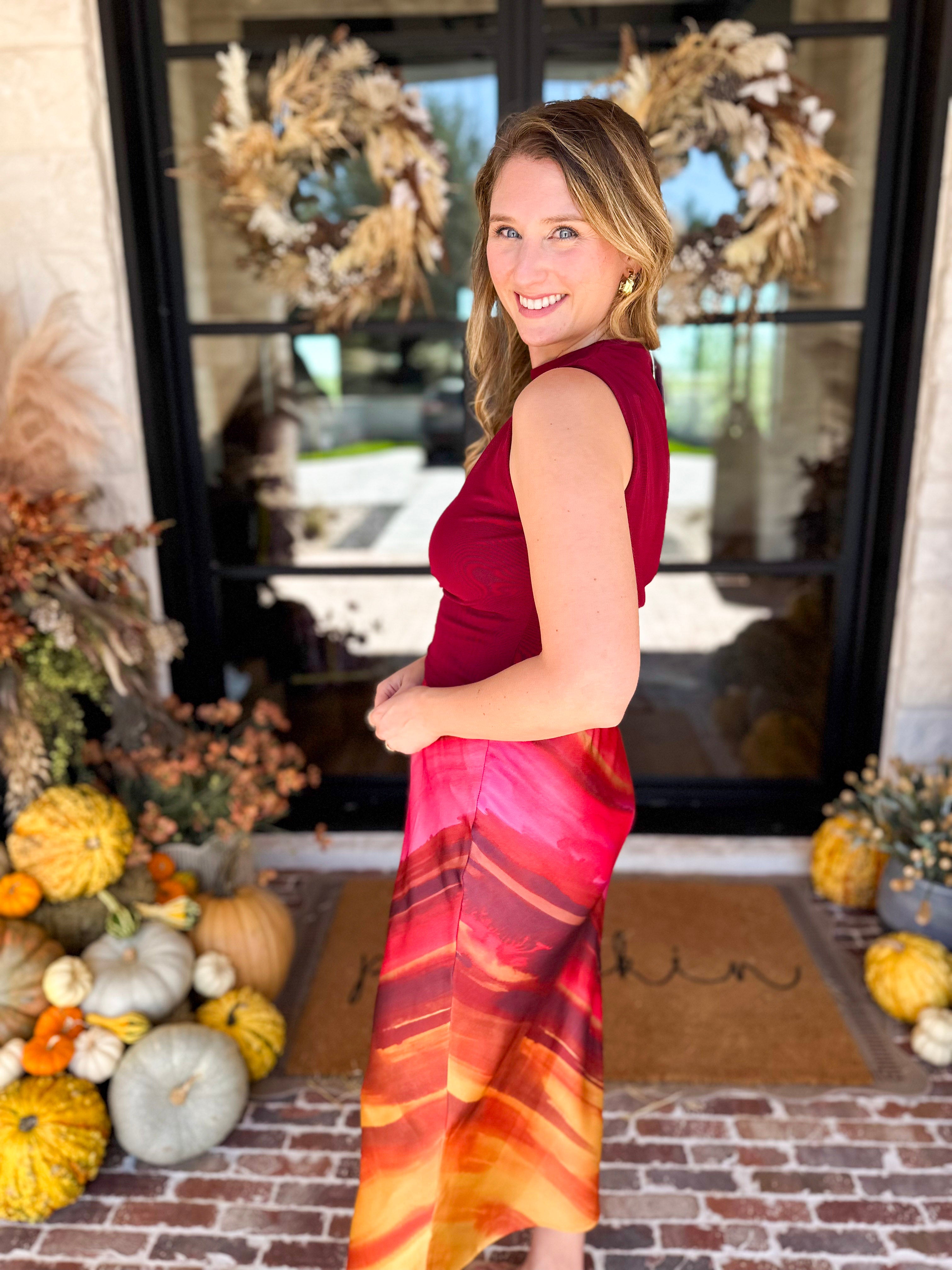 Sleek & Chic Pomegranate Sleeveless Blouse-200 Fashion Blouses-DRESS FORUM-July & June Women's Fashion Boutique Located in San Antonio, Texas