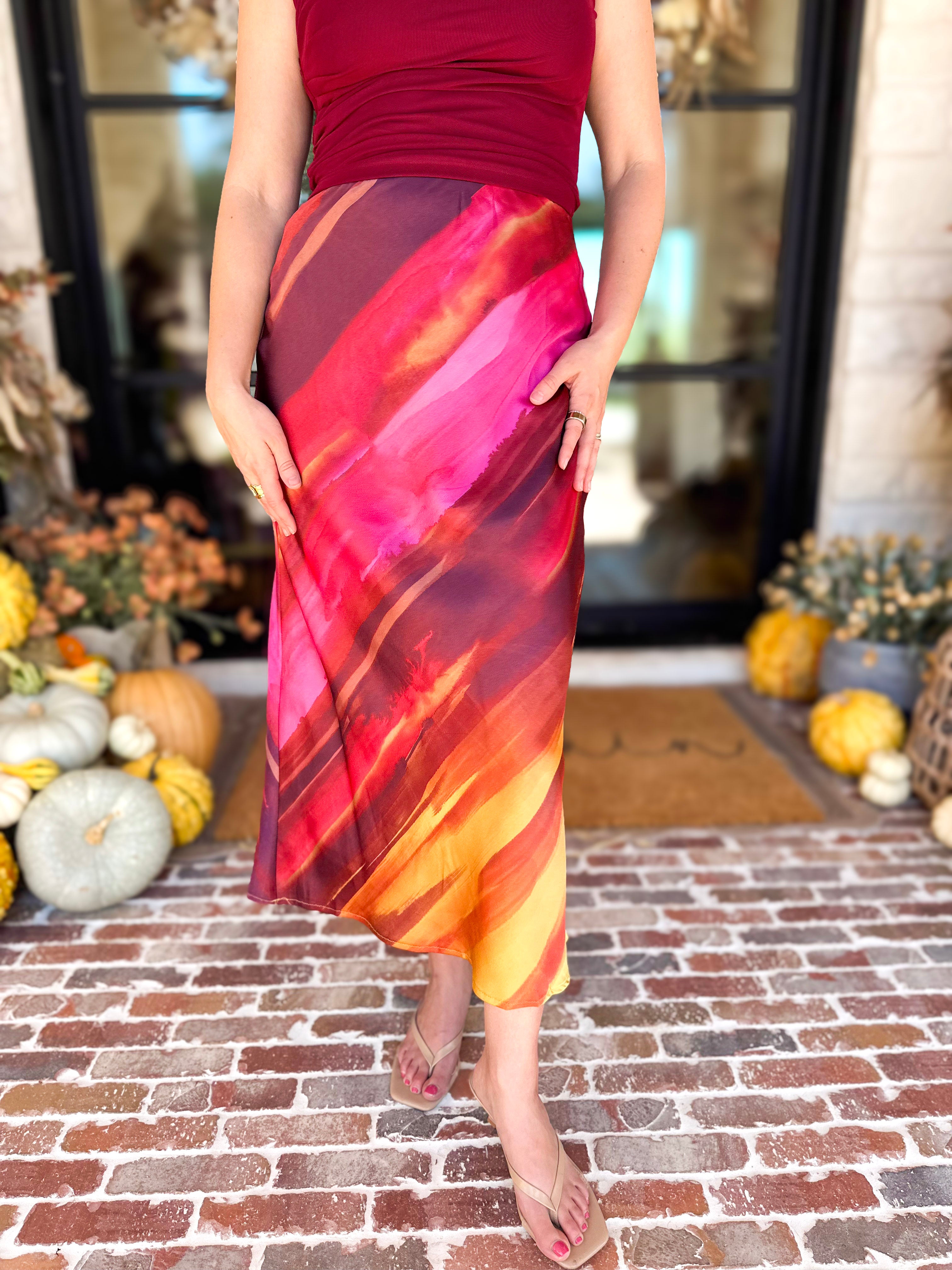 Golden Sunset Satin Midi Skirt-410 Shorts/Skirts-DRESS FORUM-July & June Women's Fashion Boutique Located in San Antonio, Texas