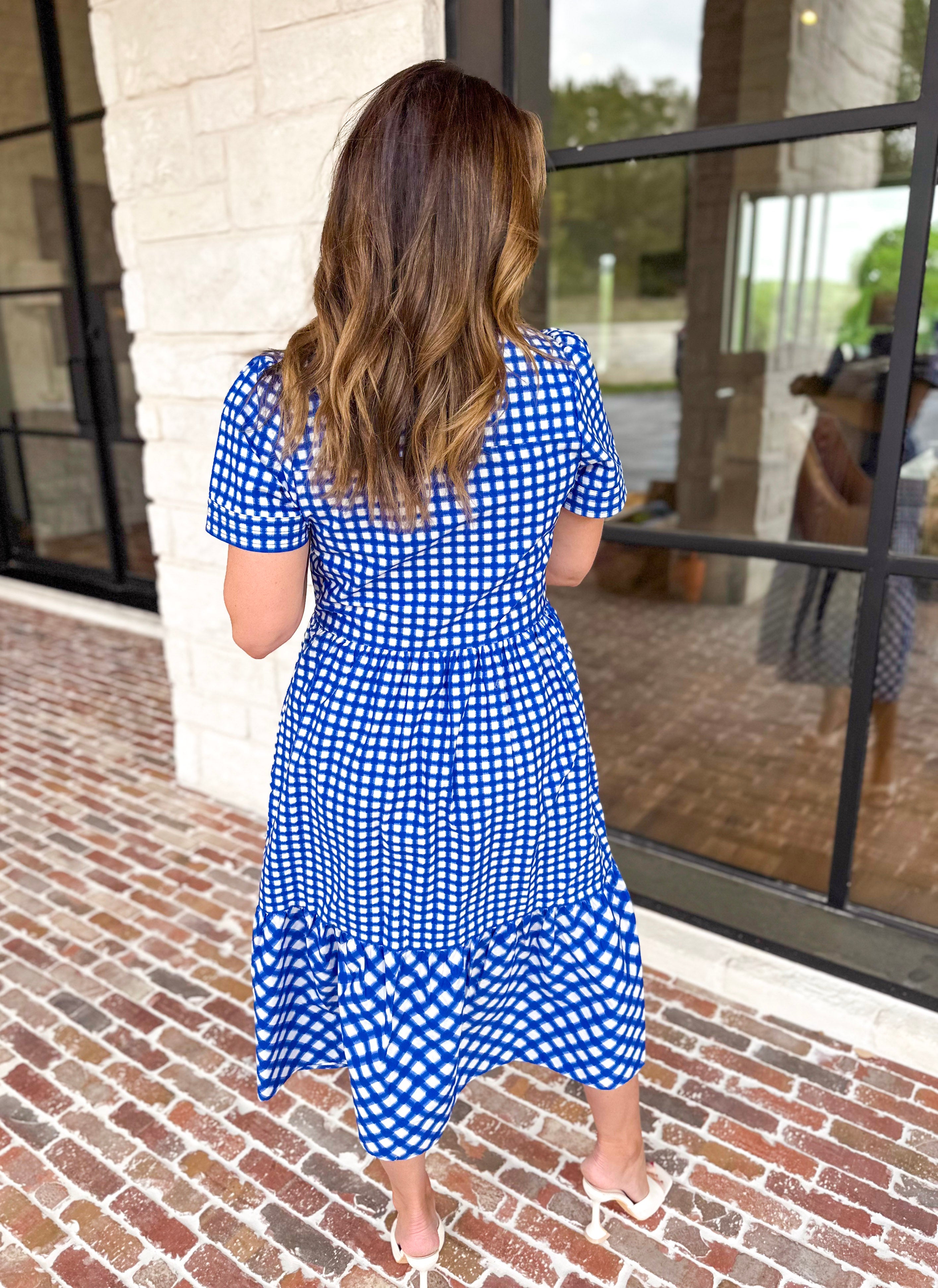 Mary Square - Jema Gingham Navy Mix Midi Dress-500 Midi-MARY SQUARE-July & June Women's Fashion Boutique Located in San Antonio, Texas