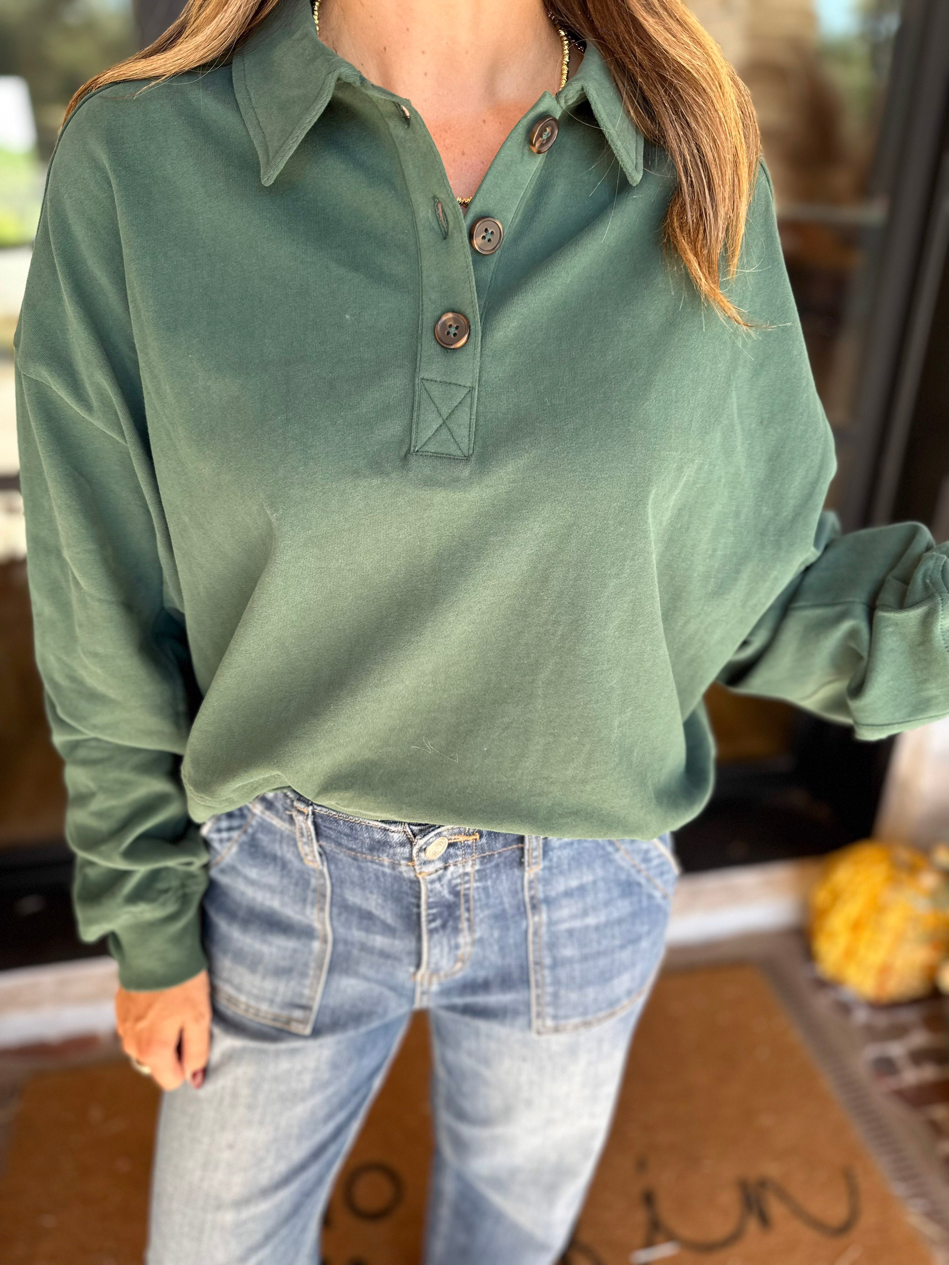 PINK FRIDAY DOORBUSTERS - Henley Polo Top - Green - ONLINE - FINAL SALE-PINK FRIDAY DOORBUSTERS-DOUBLE ZERO-July & June Women's Fashion Boutique Located in San Antonio, Texas