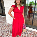Current Air - Bold Red Blooms Midi Dress-500 Midi-CURRENT AIR CLOTHING-July & June Women's Fashion Boutique Located in San Antonio, Texas