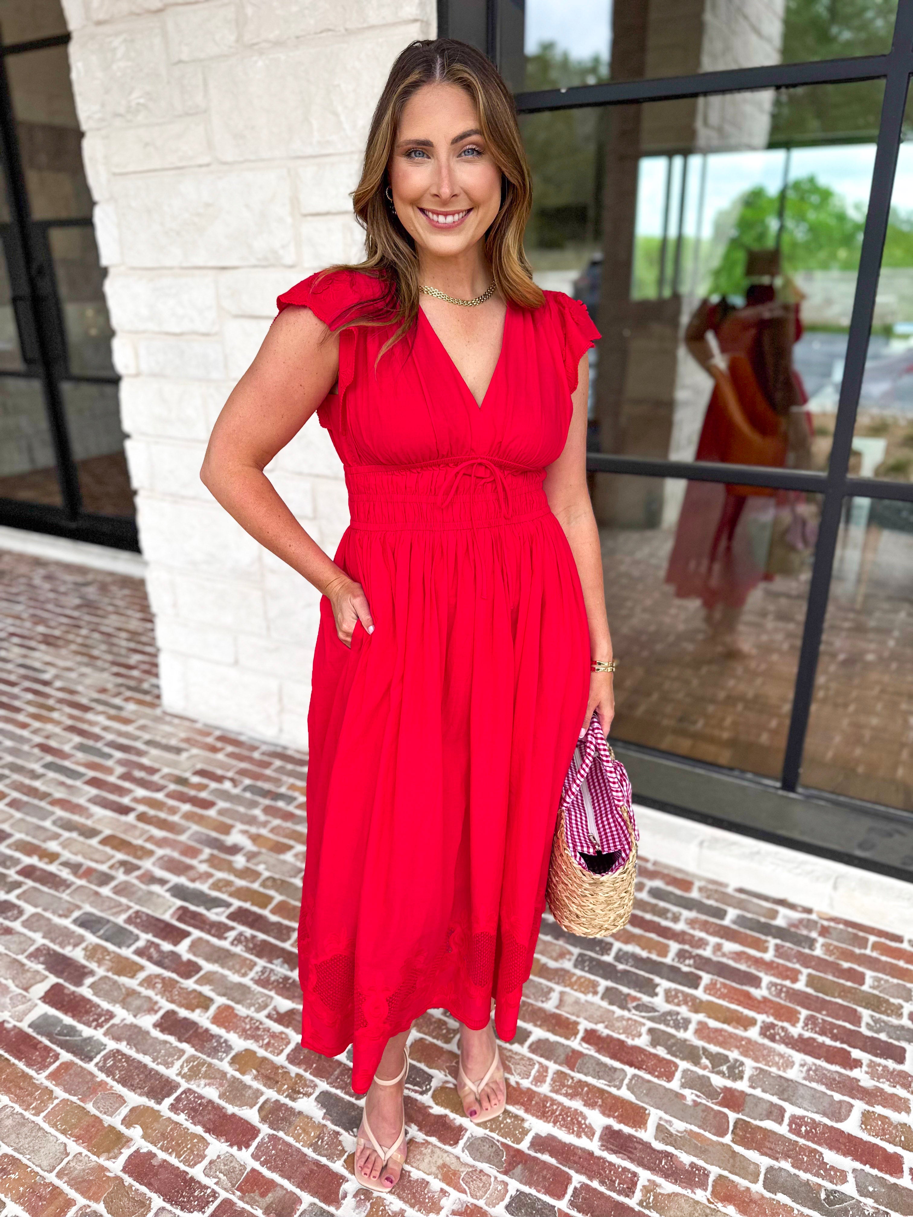 Current Air - Bold Red Blooms Midi Dress-500 Midi-CURRENT AIR CLOTHING-July & June Women's Fashion Boutique Located in San Antonio, Texas