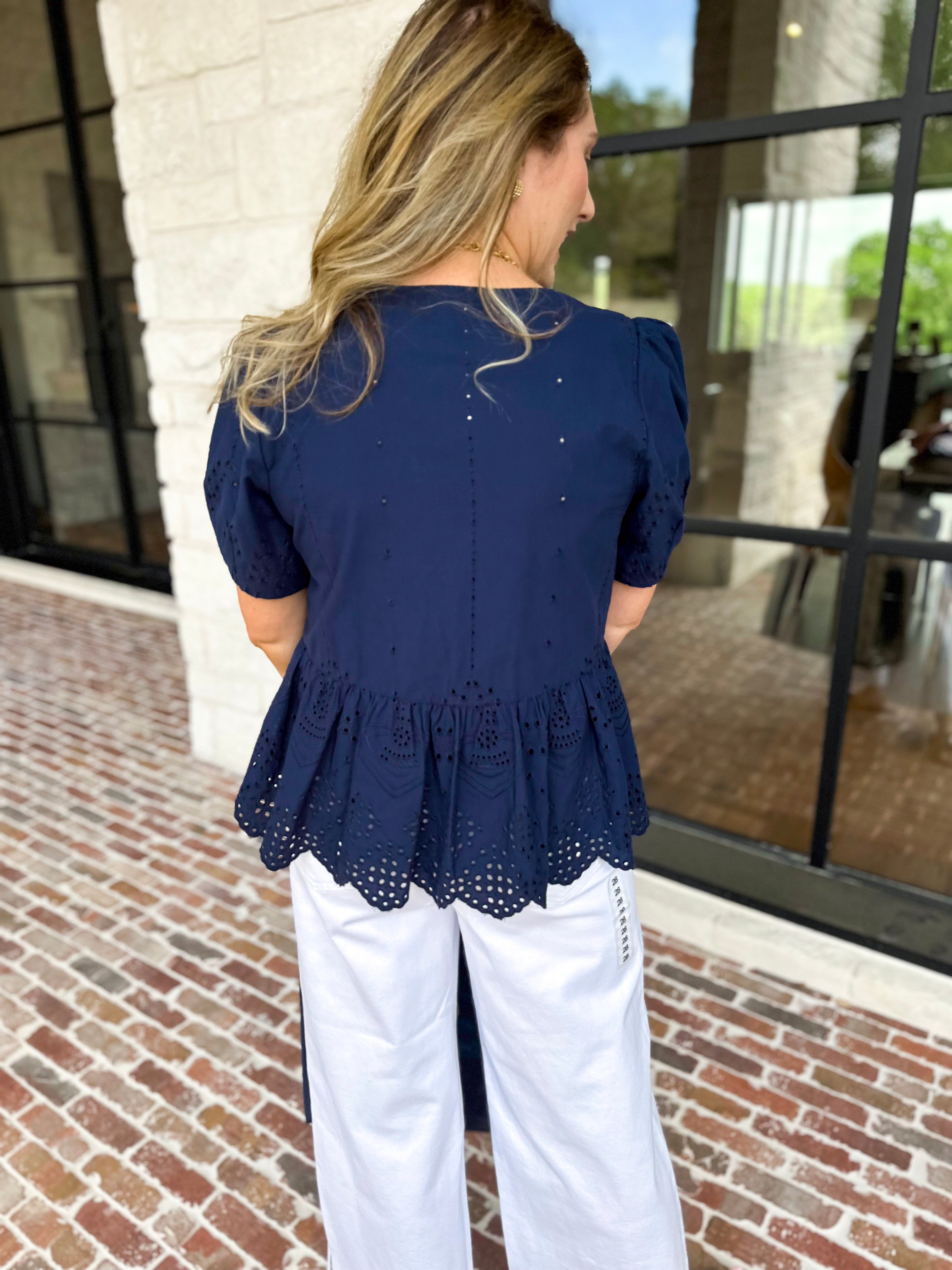Current Air - Navy Eyelet Blouse-200 Fashion Blouses-CURRENT AIR CLOTHING-July & June Women's Fashion Boutique Located in San Antonio, Texas