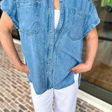 Denim Tencel Button Down Blouse-200 Fashion Blouses-RAE MODE-July & June Women's Fashion Boutique Located in San Antonio, Texas