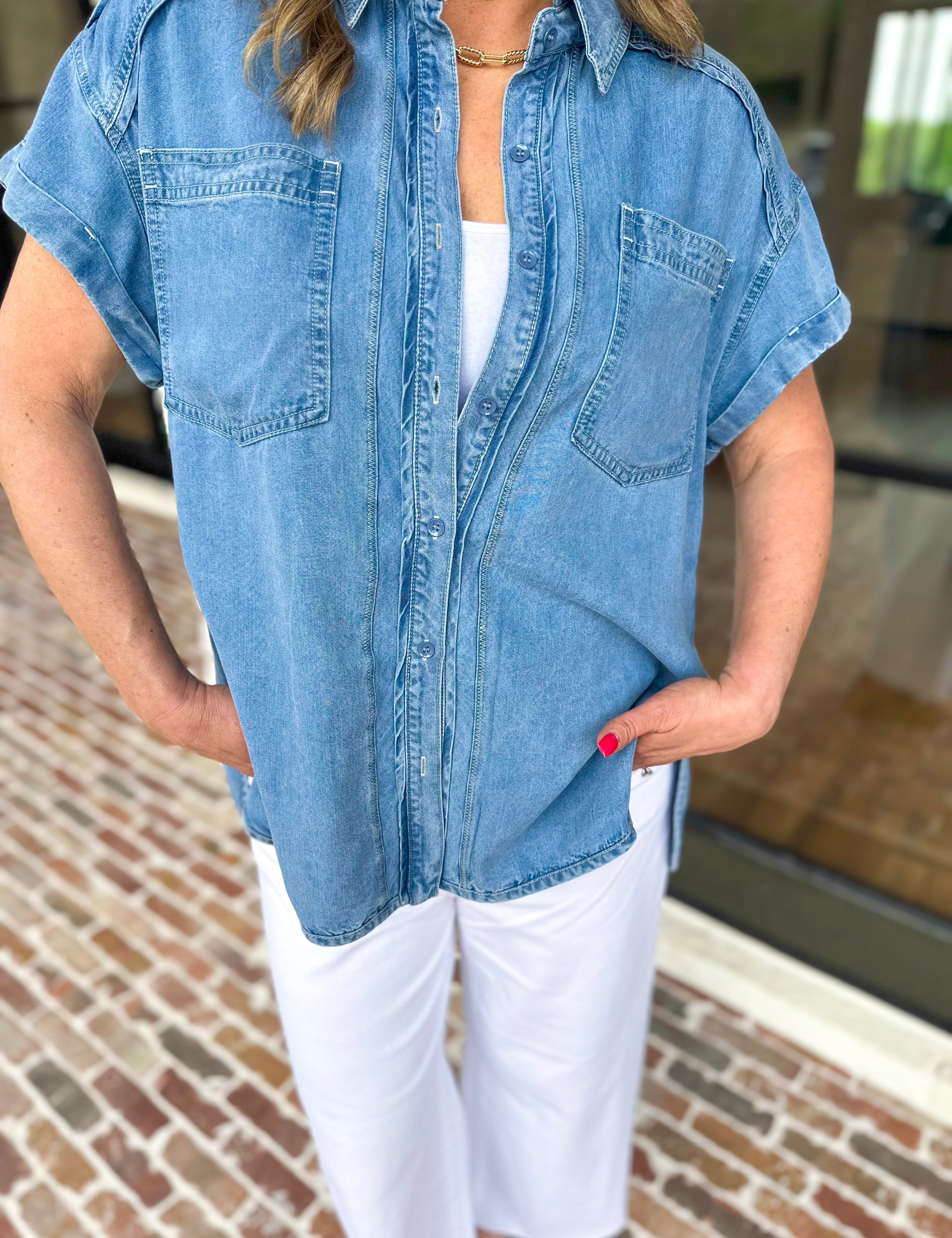 Denim Tencel Button Down Blouse-200 Fashion Blouses-RAE MODE-July & June Women's Fashion Boutique Located in San Antonio, Texas