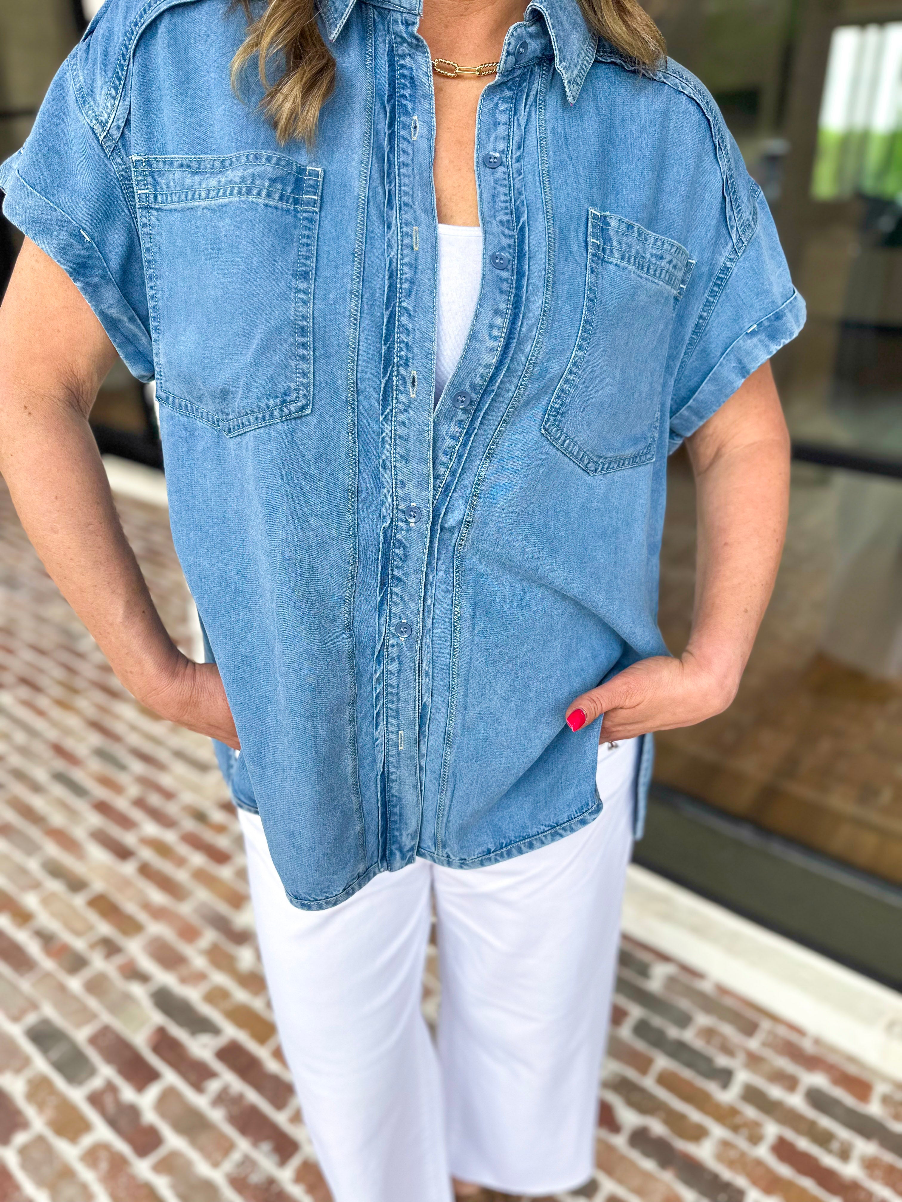 Denim Tencel Button Down Blouse-200 Fashion Blouses-RAE MODE-July & June Women's Fashion Boutique Located in San Antonio, Texas