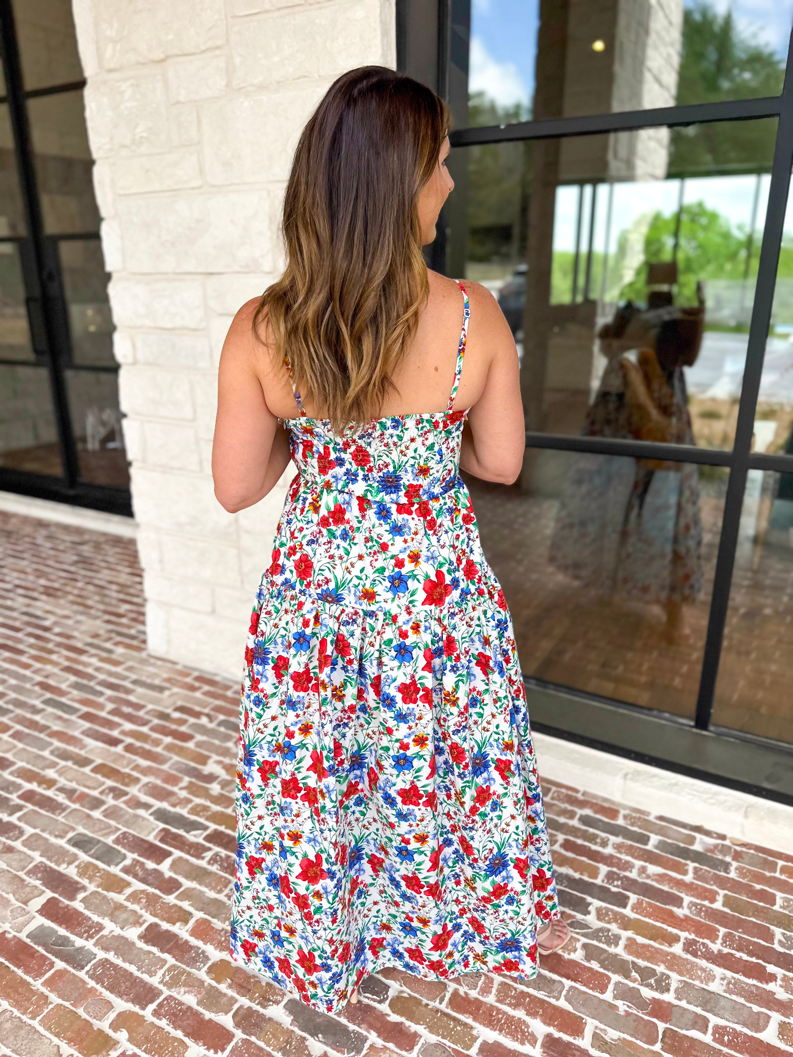Summer In Bloom Midi Dress-500 Midi-SKIES ARE BLUE-July & June Women's Fashion Boutique Located in San Antonio, Texas