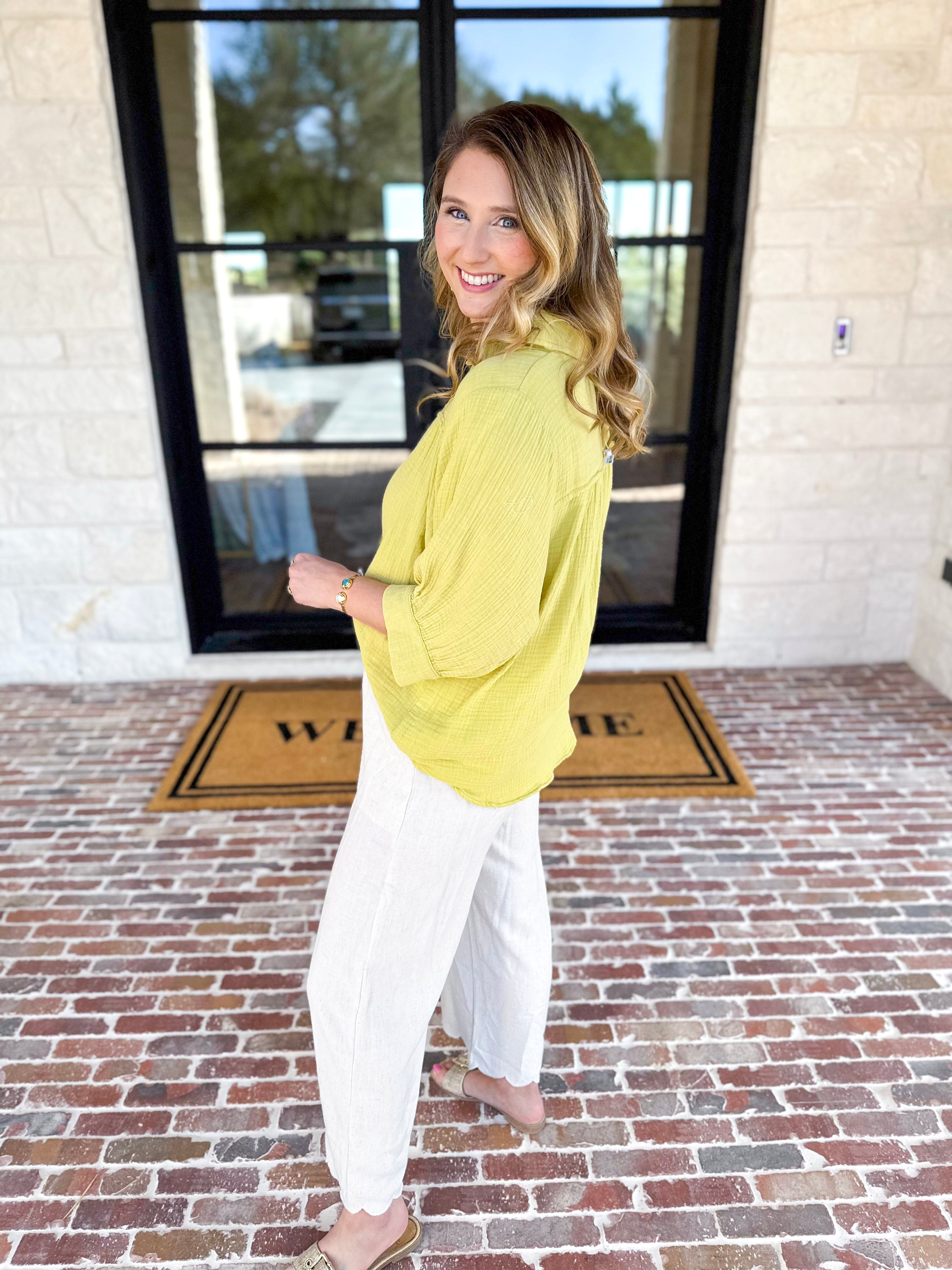 Gauze Button Down Blouse - Chartreuse-200 Fashion Blouses-IN FEBRUARY-July & June Women's Fashion Boutique Located in San Antonio, Texas