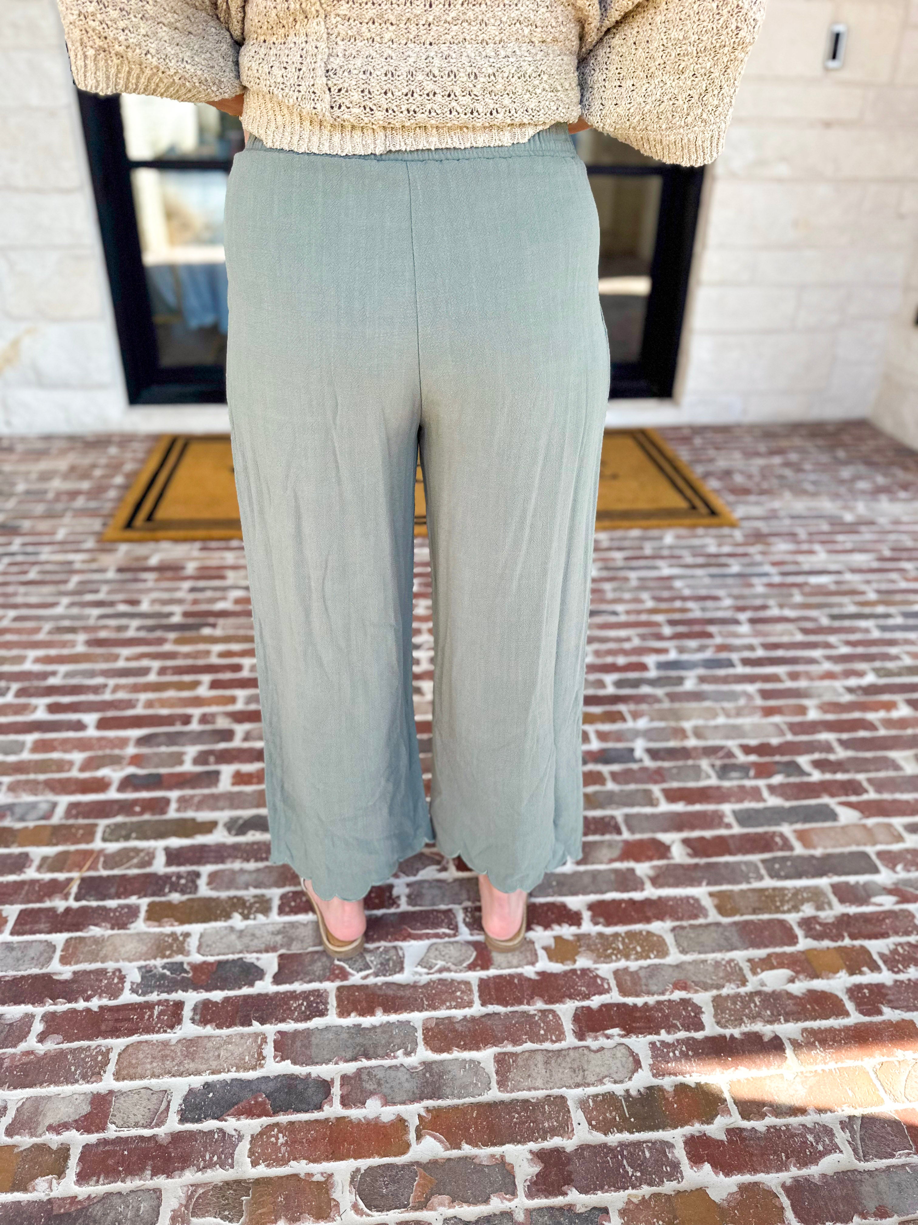 Linen Scalloped Pants - Sage-400 Pants-ALLIE ROSE-July & June Women's Fashion Boutique Located in San Antonio, Texas