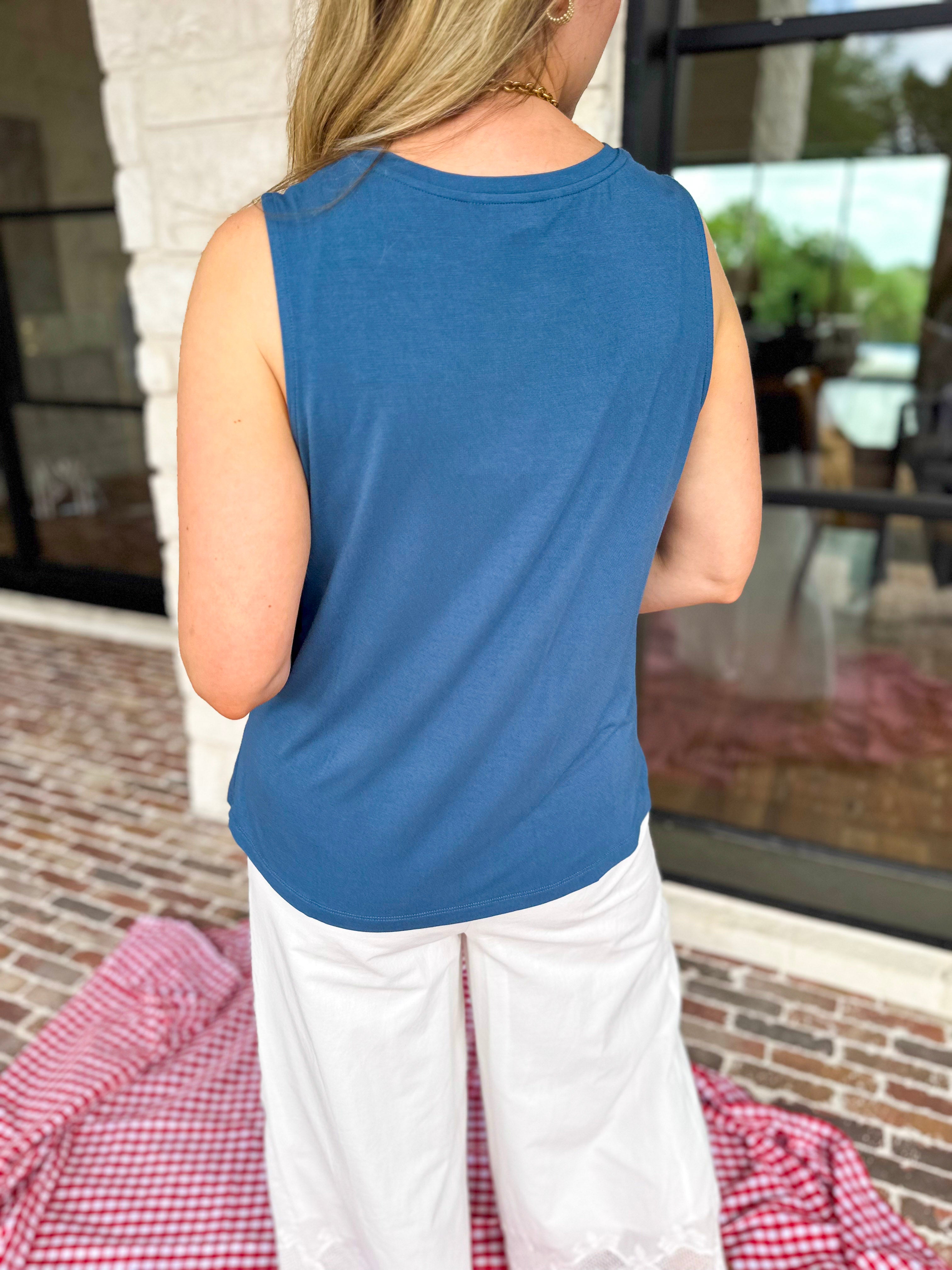 LIVERPOOL - French Blue Scoop Tank-210 Casual Blouses-LIVERPOOL JEANS COMPANY-July & June Women's Fashion Boutique Located in San Antonio, Texas