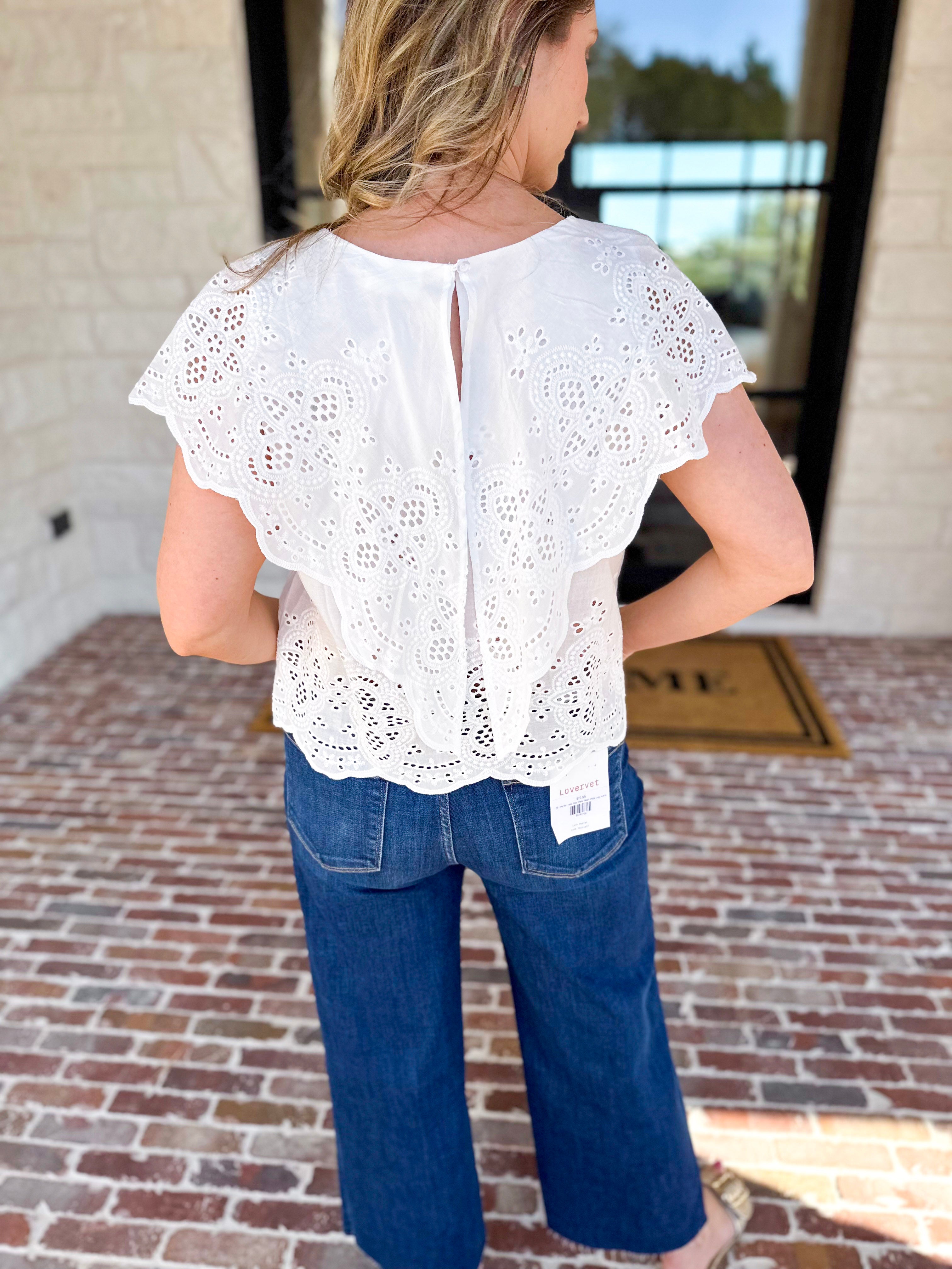 Ivory Eyelet Bow Front Blouse-200 Fashion Blouses-ALLIE ROSE-July & June Women's Fashion Boutique Located in San Antonio, Texas