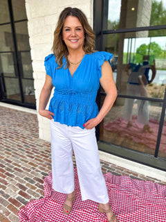 Current Air - The Petal & Poise Blouse - Blue-200 Fashion Blouses-CURRENT AIR CLOTHING-July & June Women's Fashion Boutique Located in San Antonio, Texas