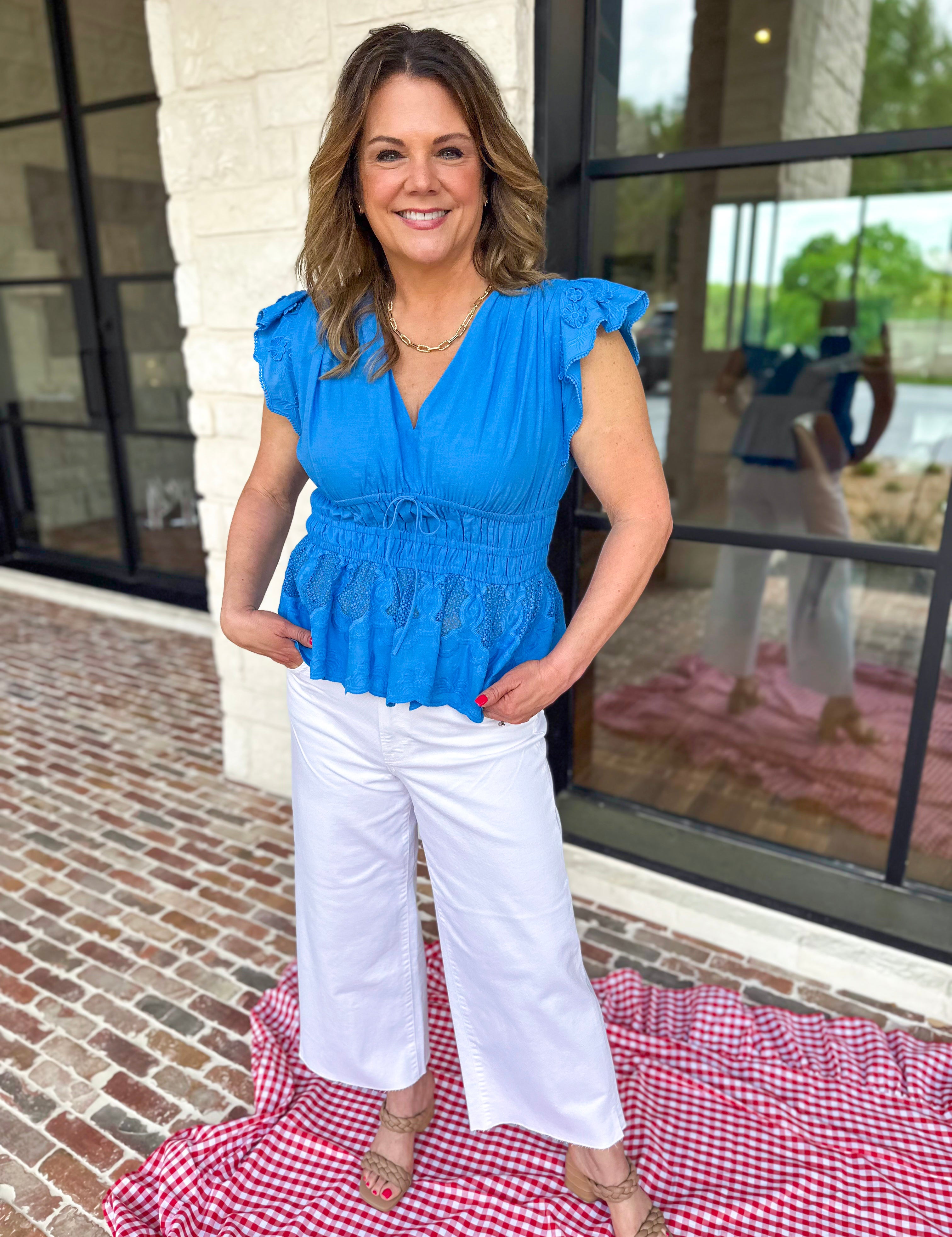Current Air - The Petal & Poise Blouse - Blue-200 Fashion Blouses-CURRENT AIR CLOTHING-July & June Women's Fashion Boutique Located in San Antonio, Texas