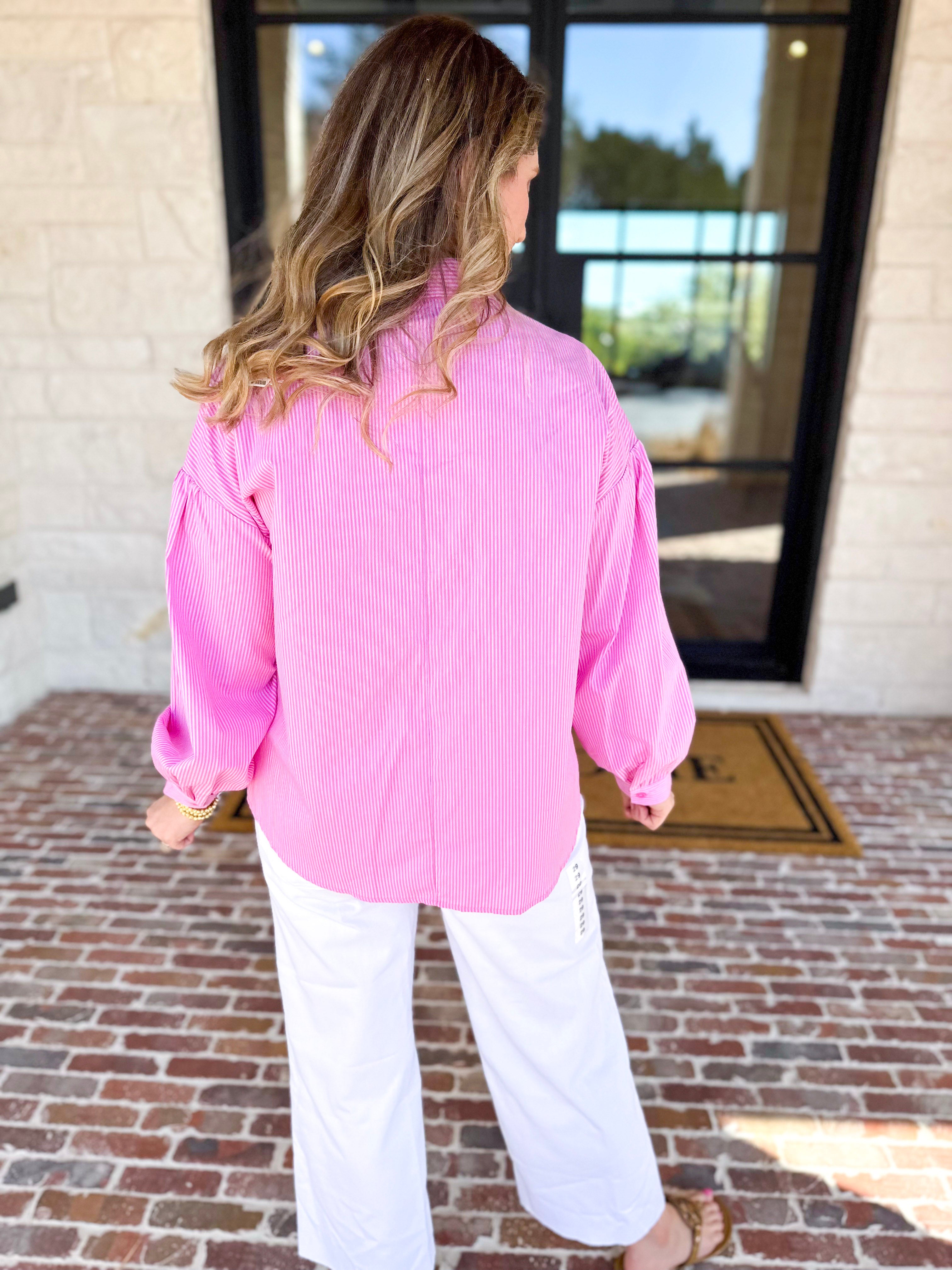 Pink Pinstripe Button Down Blouse-200 Fashion Blouses-FATE-July & June Women's Fashion Boutique Located in San Antonio, Texas