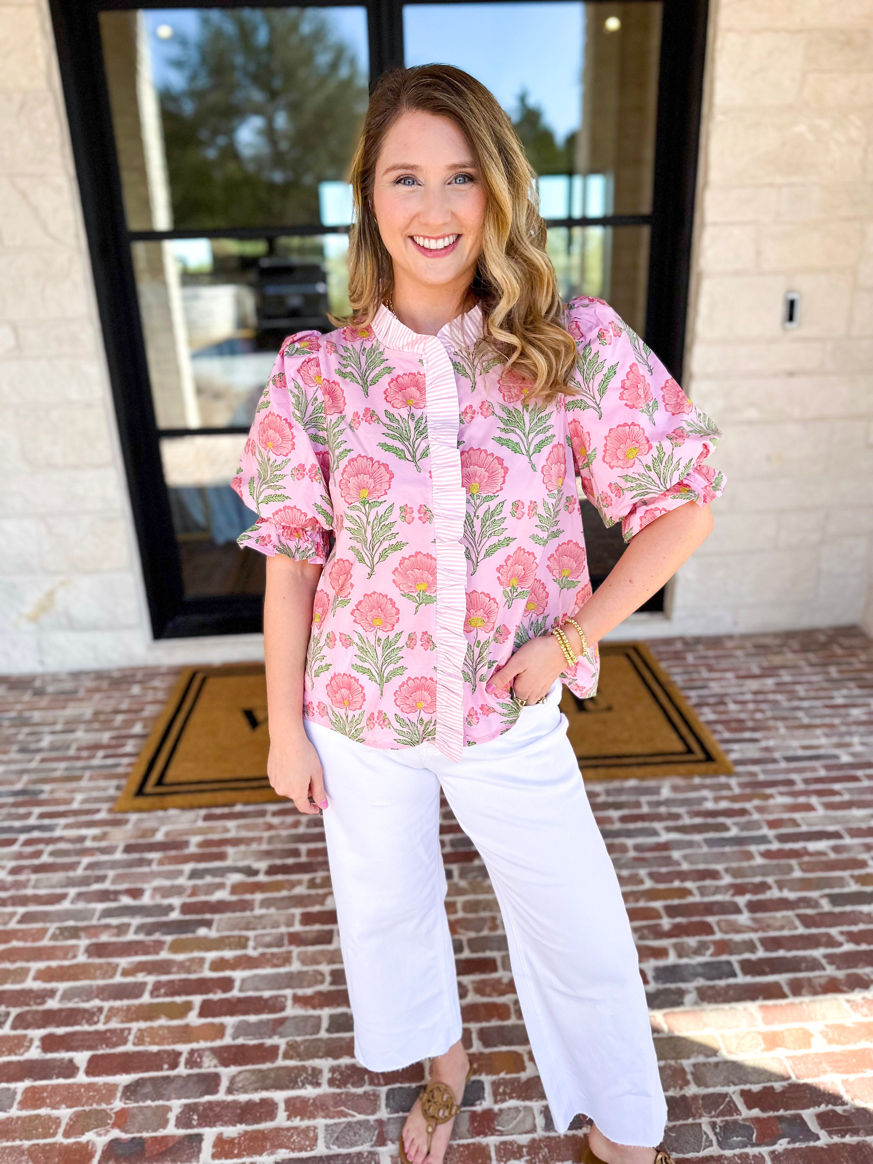 Floral Fun Blouse - Pink-200 Fashion Blouses-ENTRO-July & June Women's Fashion Boutique Located in San Antonio, Texas