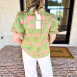 Floral Fun Blouse - Matcha-200 Fashion Blouses-ENTRO-July & June Women's Fashion Boutique Located in San Antonio, Texas