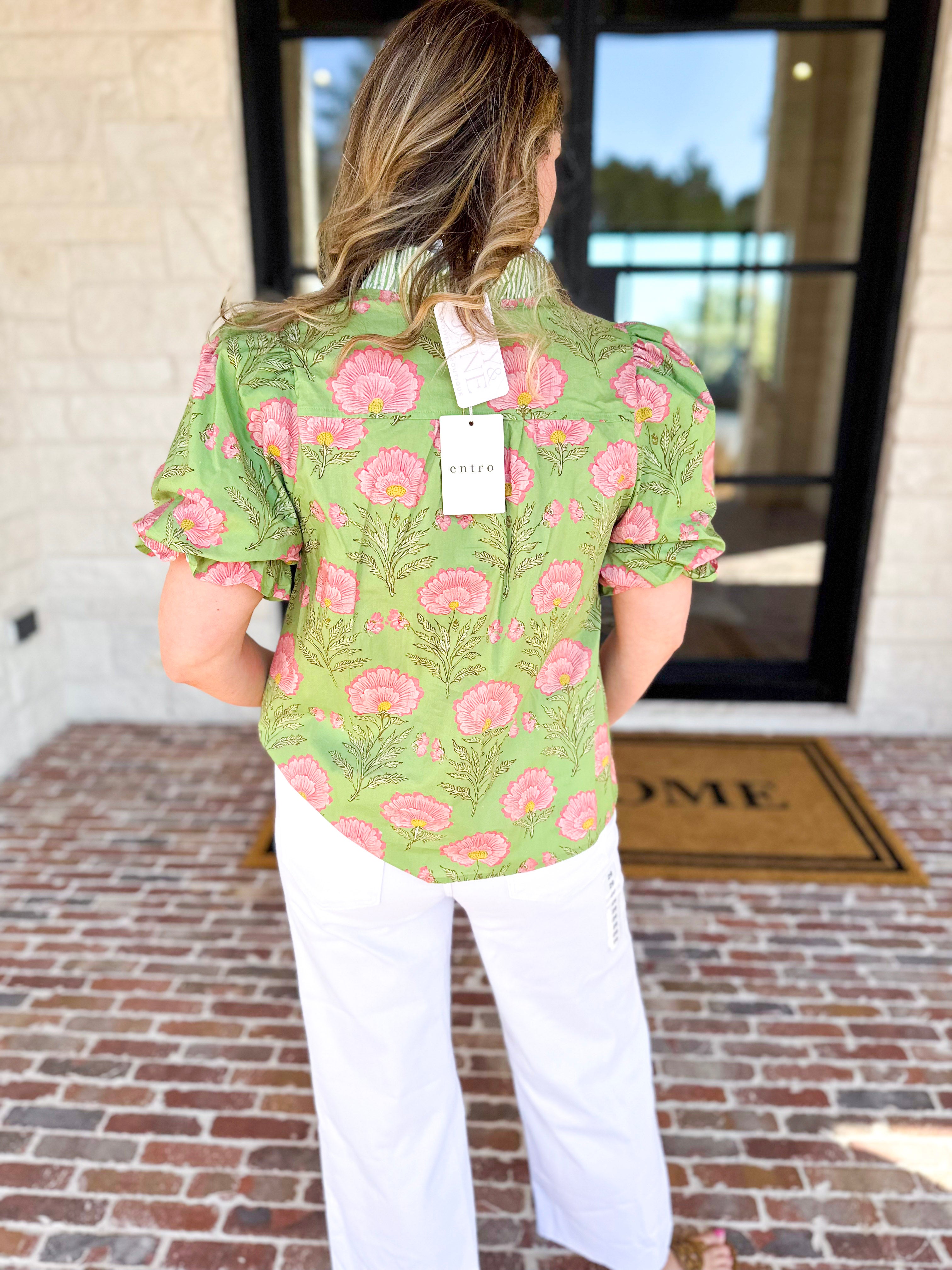 Floral Fun Blouse - Matcha-200 Fashion Blouses-ENTRO-July & June Women's Fashion Boutique Located in San Antonio, Texas