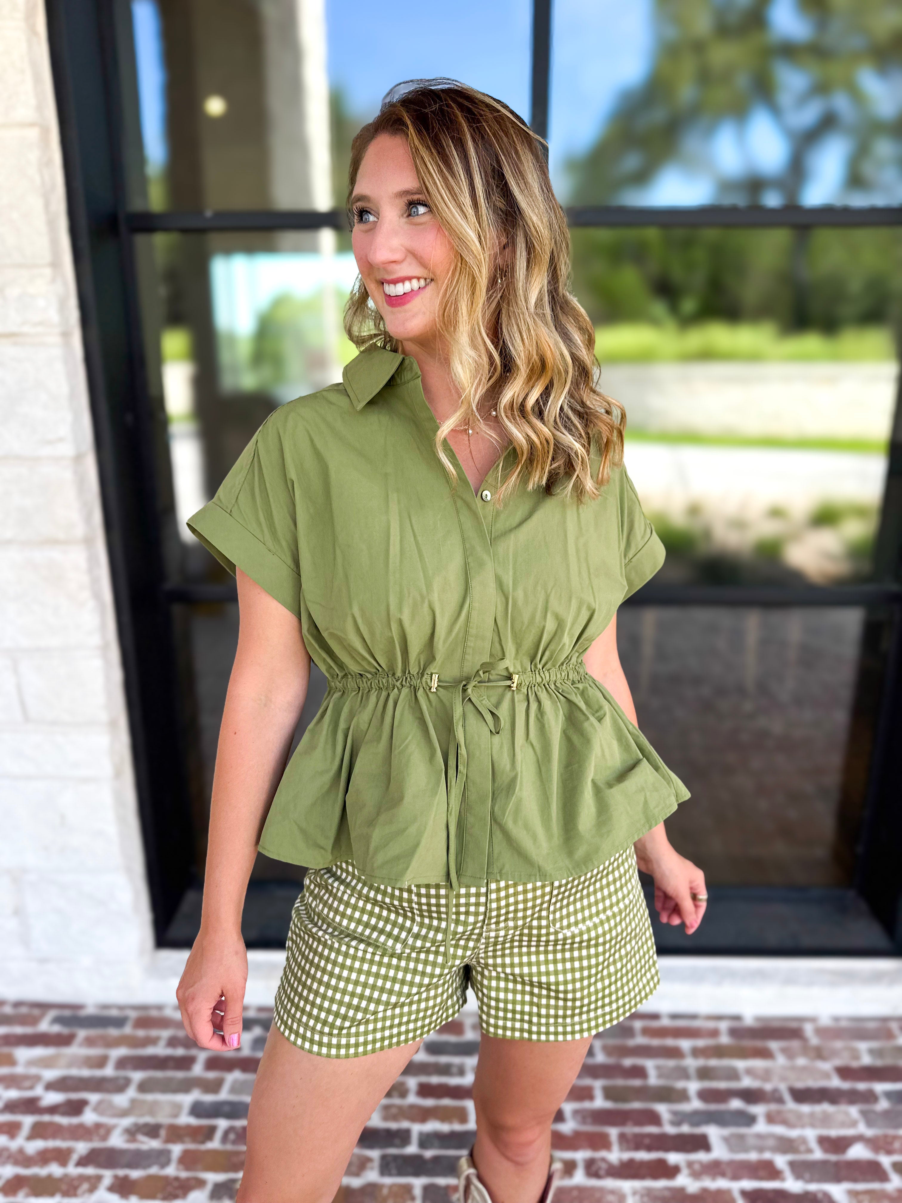 The Sutton Checkered Shorts - Olive-410 Shorts/Skirts-ENTRO-July & June Women's Fashion Boutique Located in San Antonio, Texas