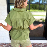 Cinch Waist Blouse - Olive-200 Fashion Blouses-ENTRO-July & June Women's Fashion Boutique Located in San Antonio, Texas