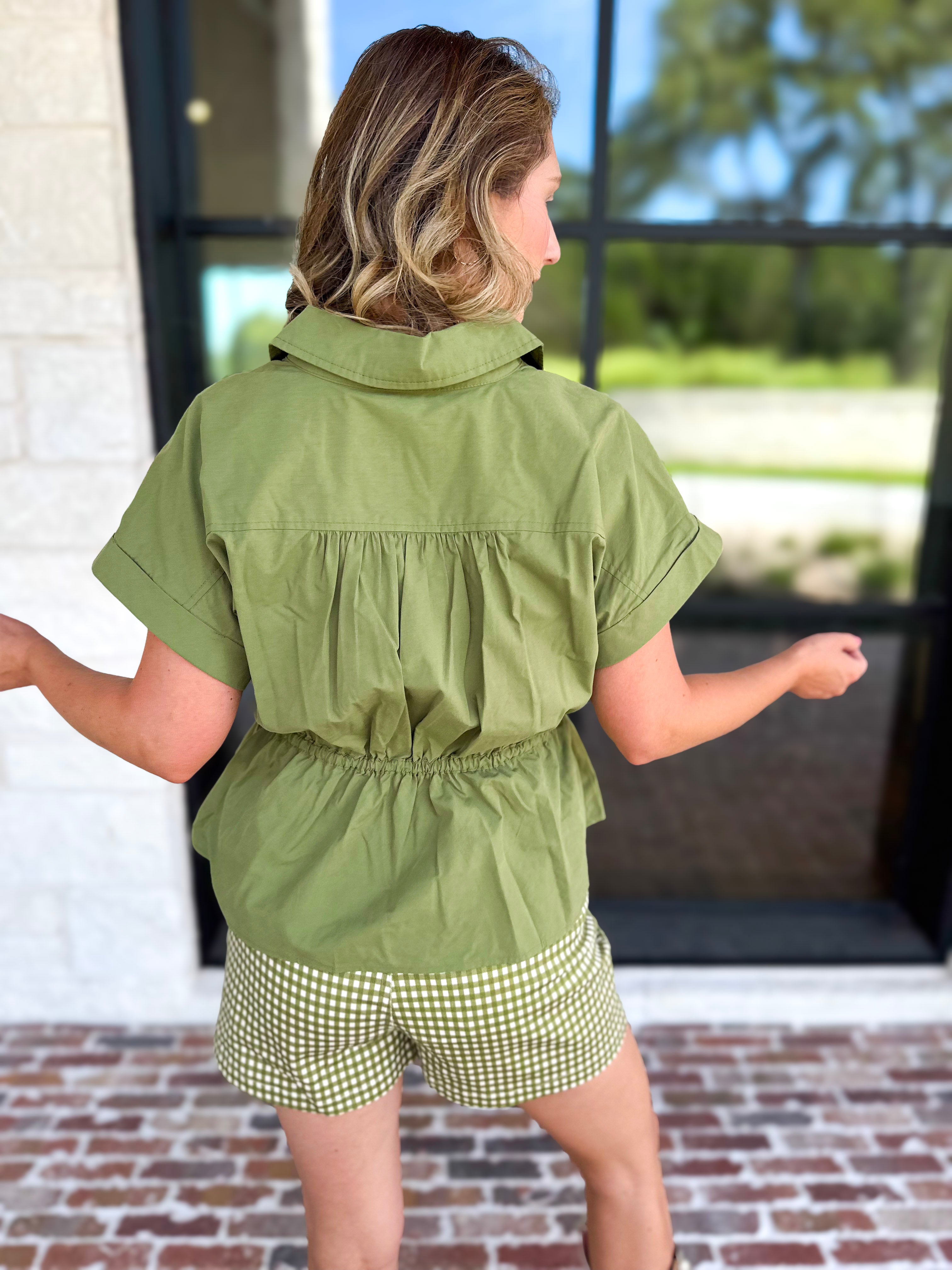 Cinch Waist Blouse - Olive-200 Fashion Blouses-ENTRO-July & June Women's Fashion Boutique Located in San Antonio, Texas