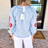 Soft Stripe Embroidered Blouse - Blue-200 Fashion Blouses-ENTRO-July & June Women's Fashion Boutique Located in San Antonio, Texas
