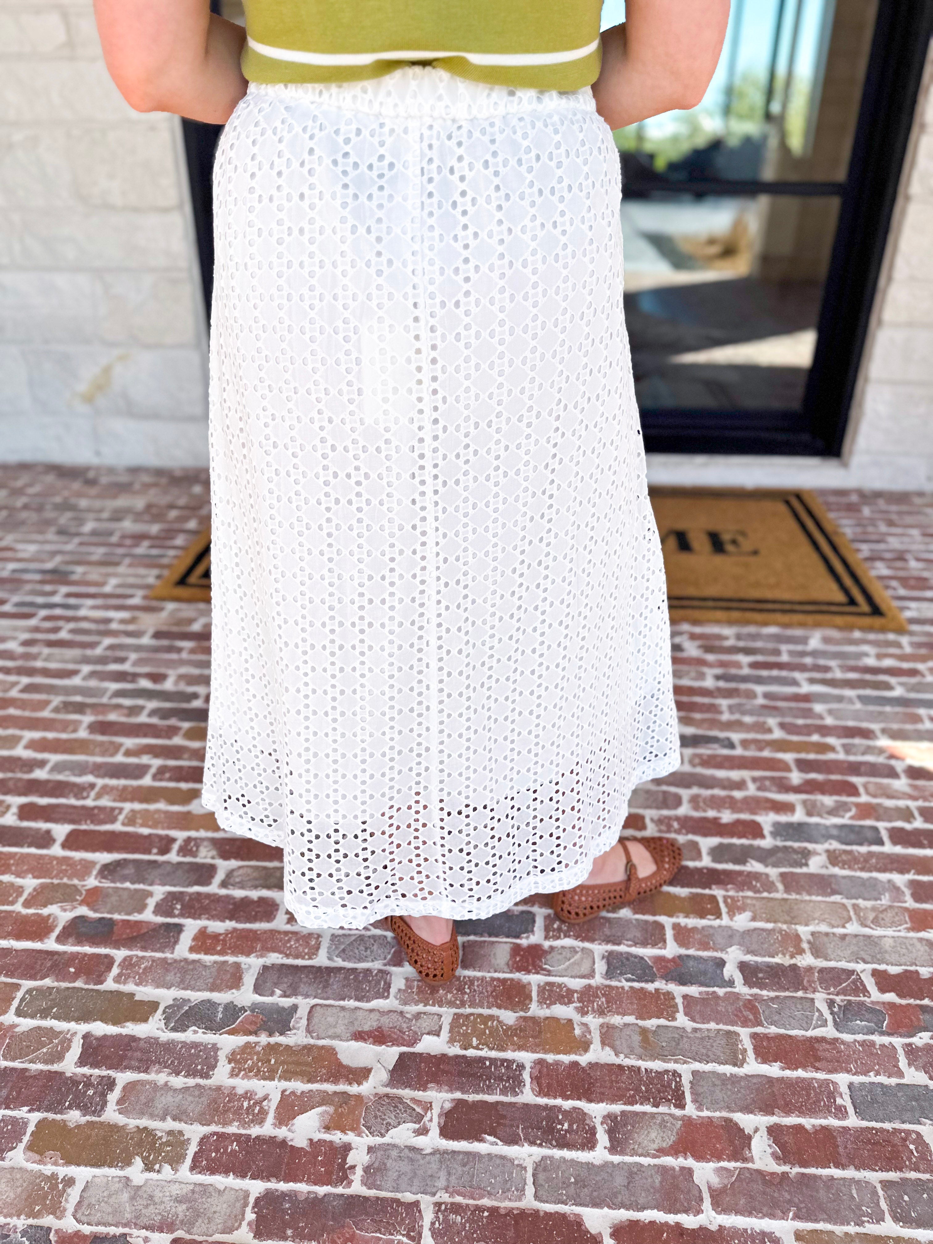 White Eyelet Midi Skirt-410 Shorts/Skirts-ENTRO-July & June Women's Fashion Boutique Located in San Antonio, Texas