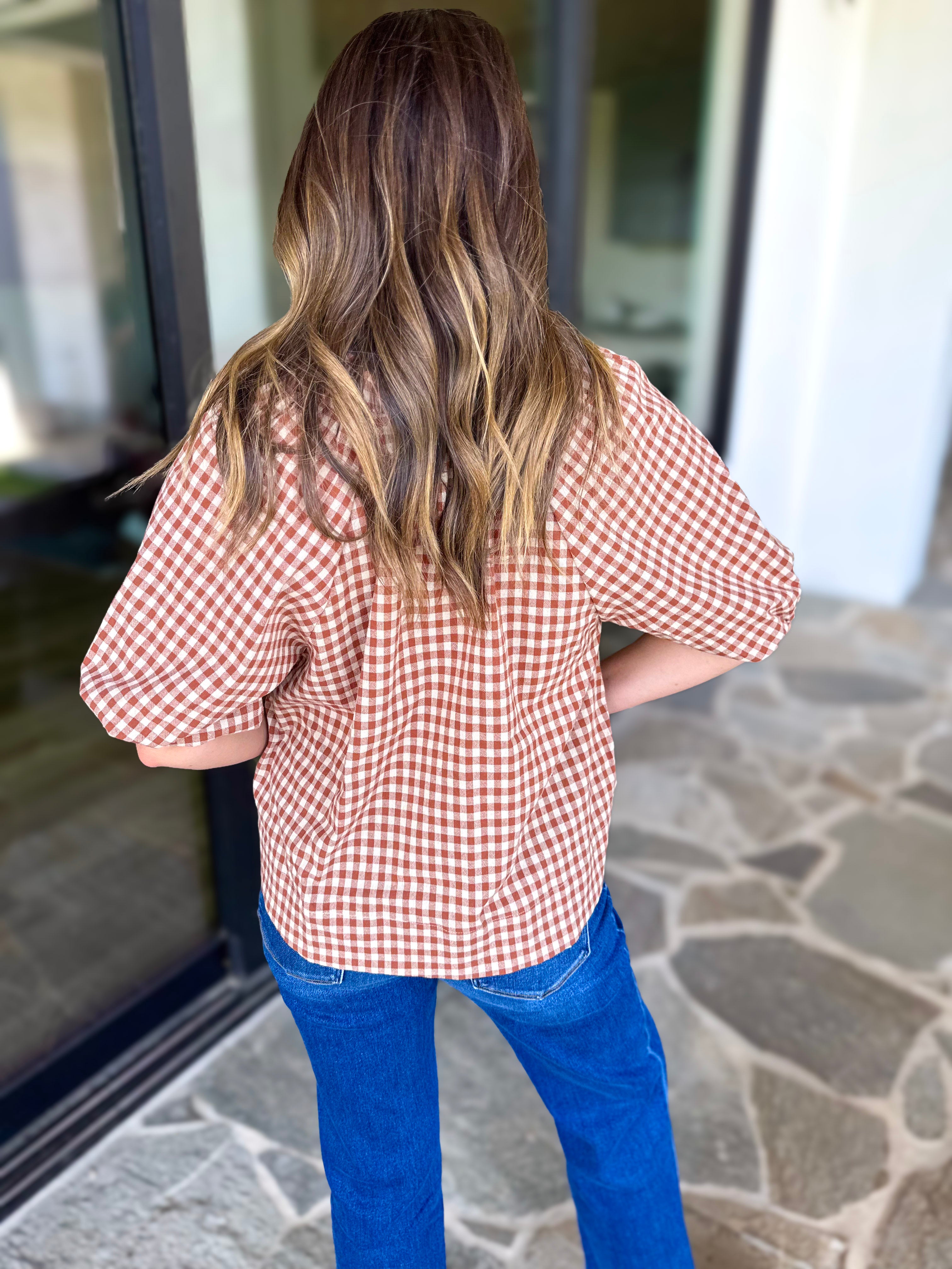 August Gingham Blouse - Golden Tan-200 Fashion Blouses-OLIVACEOUS-July & June Women's Fashion Boutique Located in San Antonio, Texas