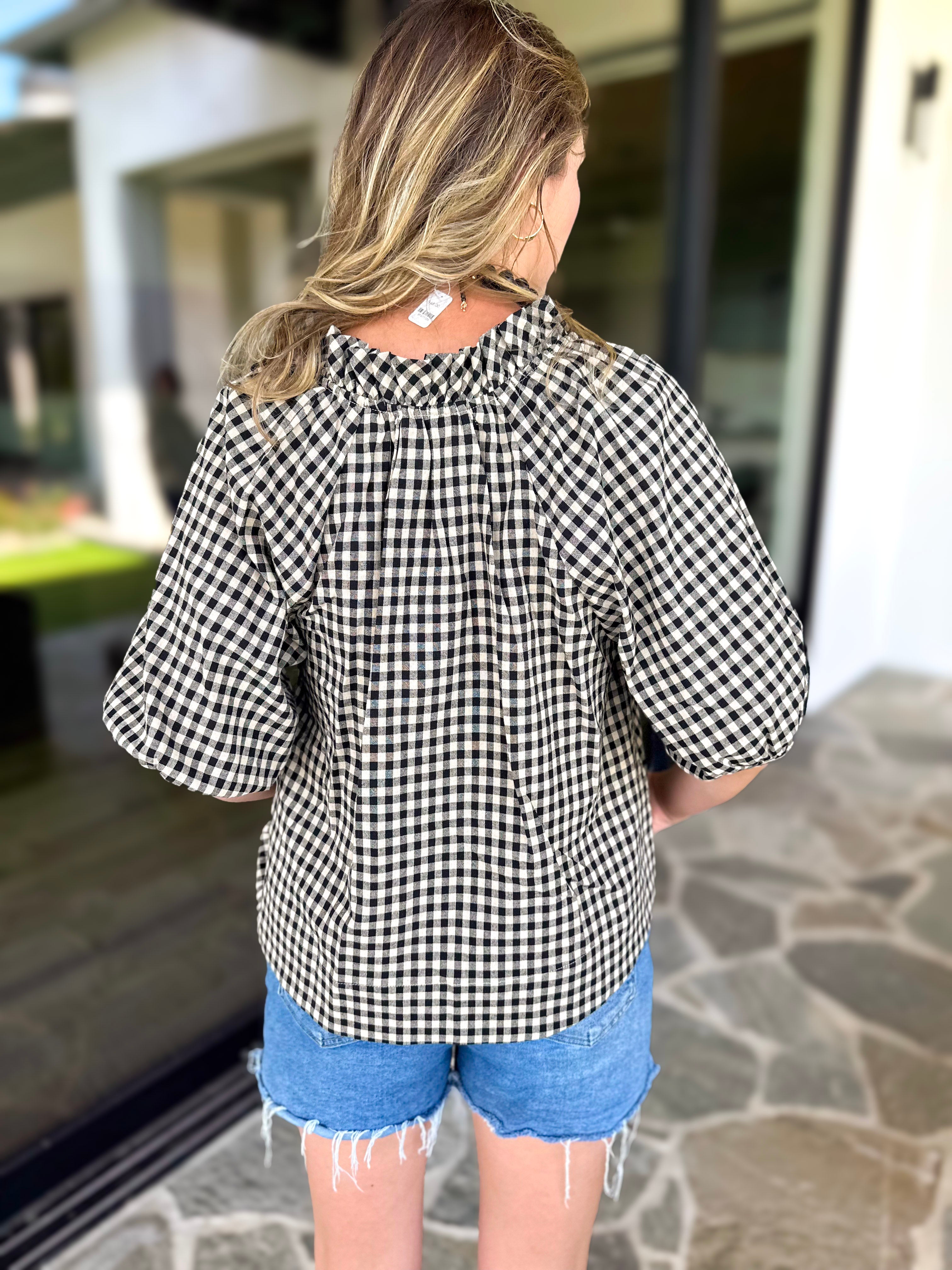 August Gingham Blouse - Black-200 Fashion Blouses-OLIVACEOUS-July & June Women's Fashion Boutique Located in San Antonio, Texas