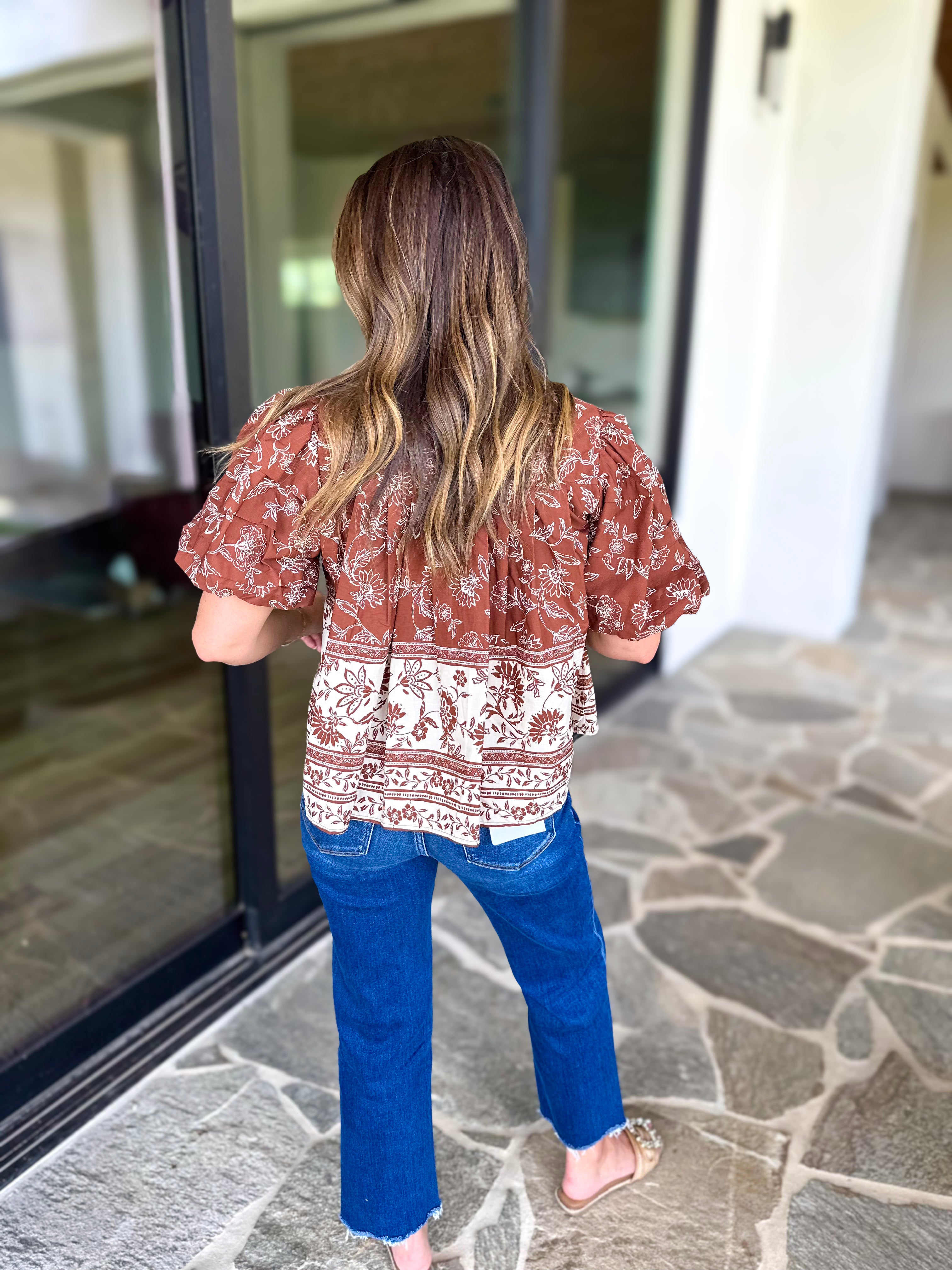 Ellie Floral Blouse - Brown Rust-200 Fashion Blouses-OLIVACEOUS-July & June Women's Fashion Boutique Located in San Antonio, Texas