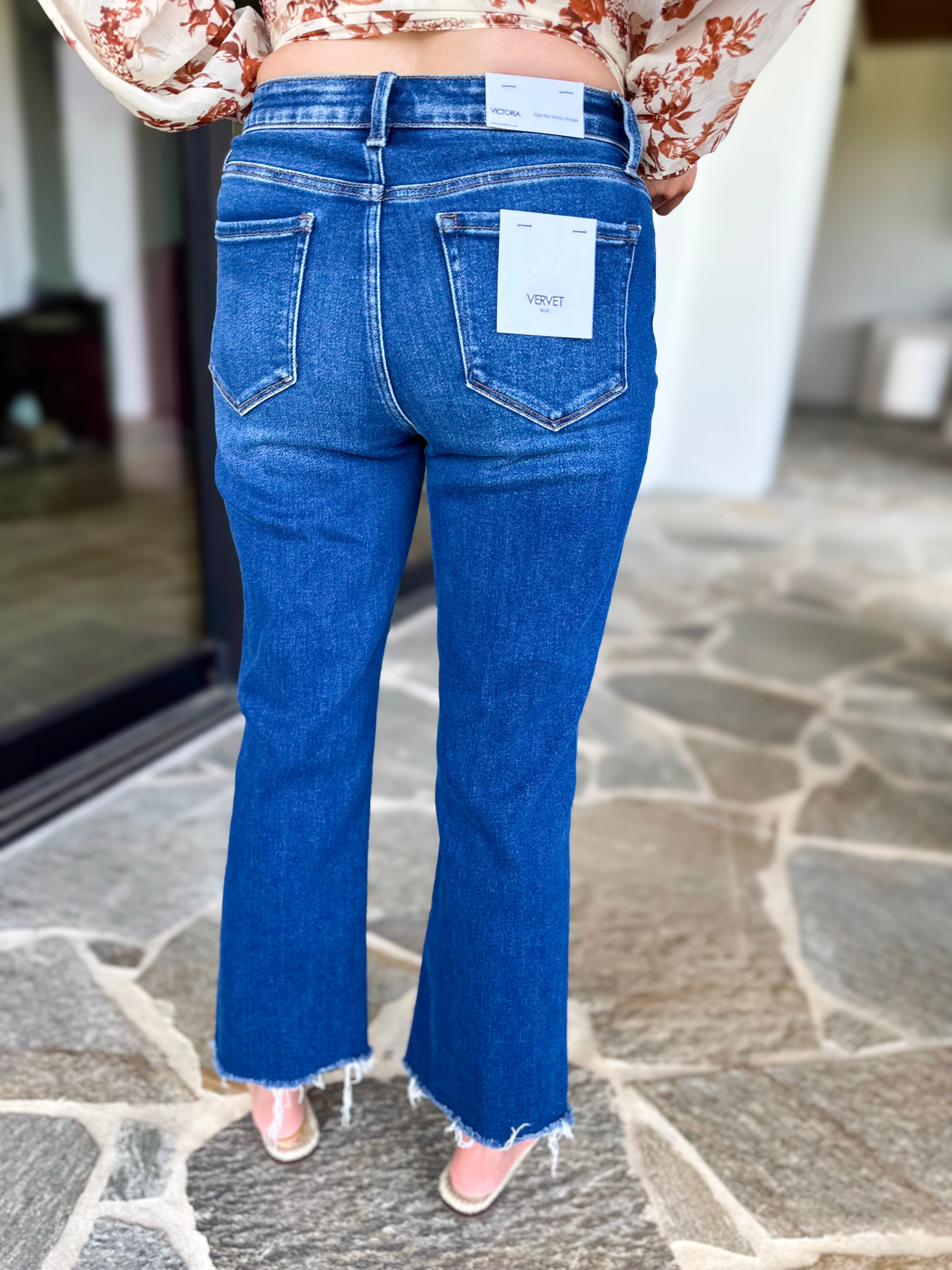 Vervet - High Rise Cropped Dark Wash Straight Leg Jeans-420 Denim-VEVERT BY FLYING MONKEY-July & June Women's Fashion Boutique Located in San Antonio, Texas