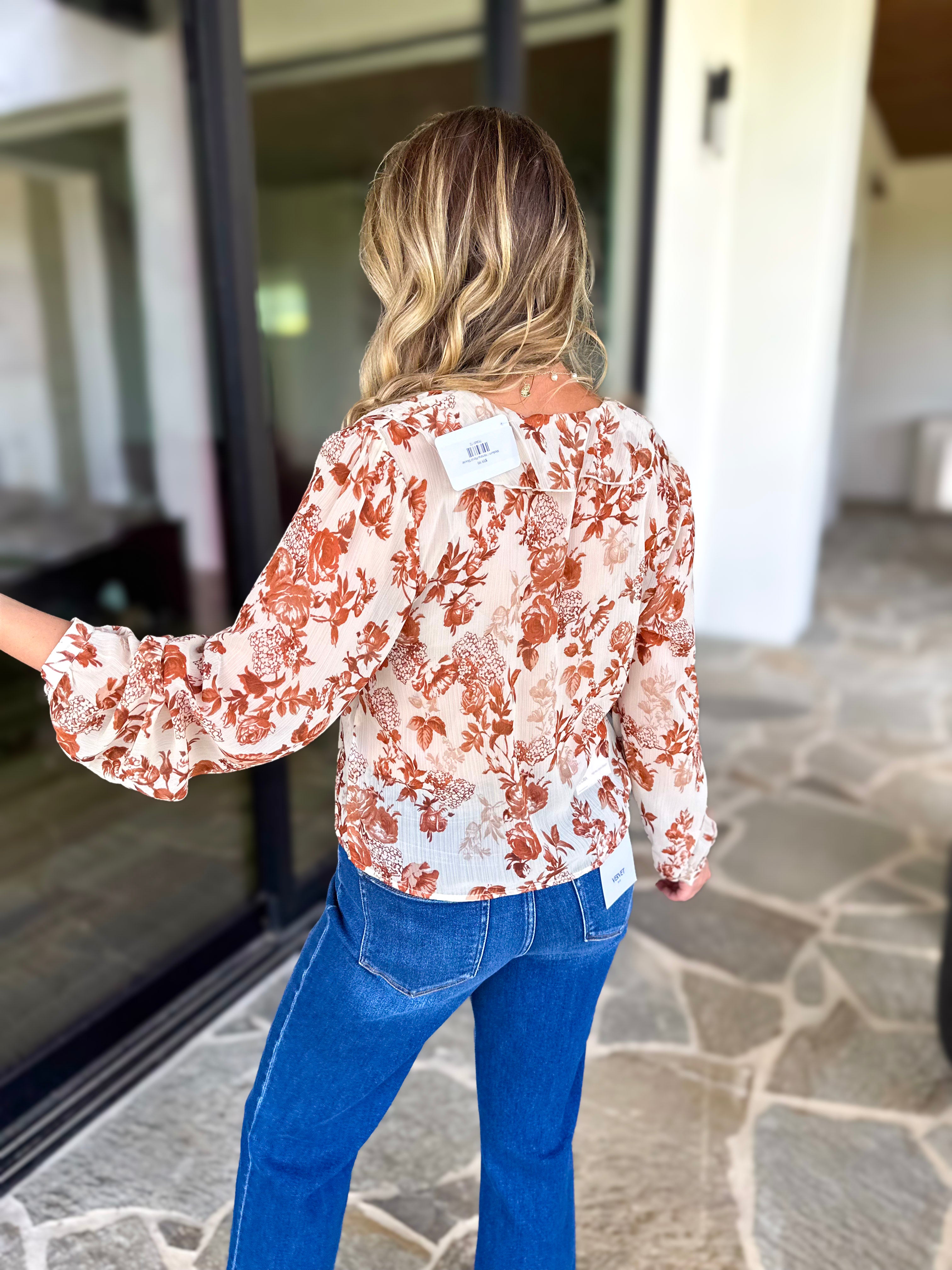 Verona Floral Blouse-200 Fashion Blouses-OLIVACEOUS-July & June Women's Fashion Boutique Located in San Antonio, Texas