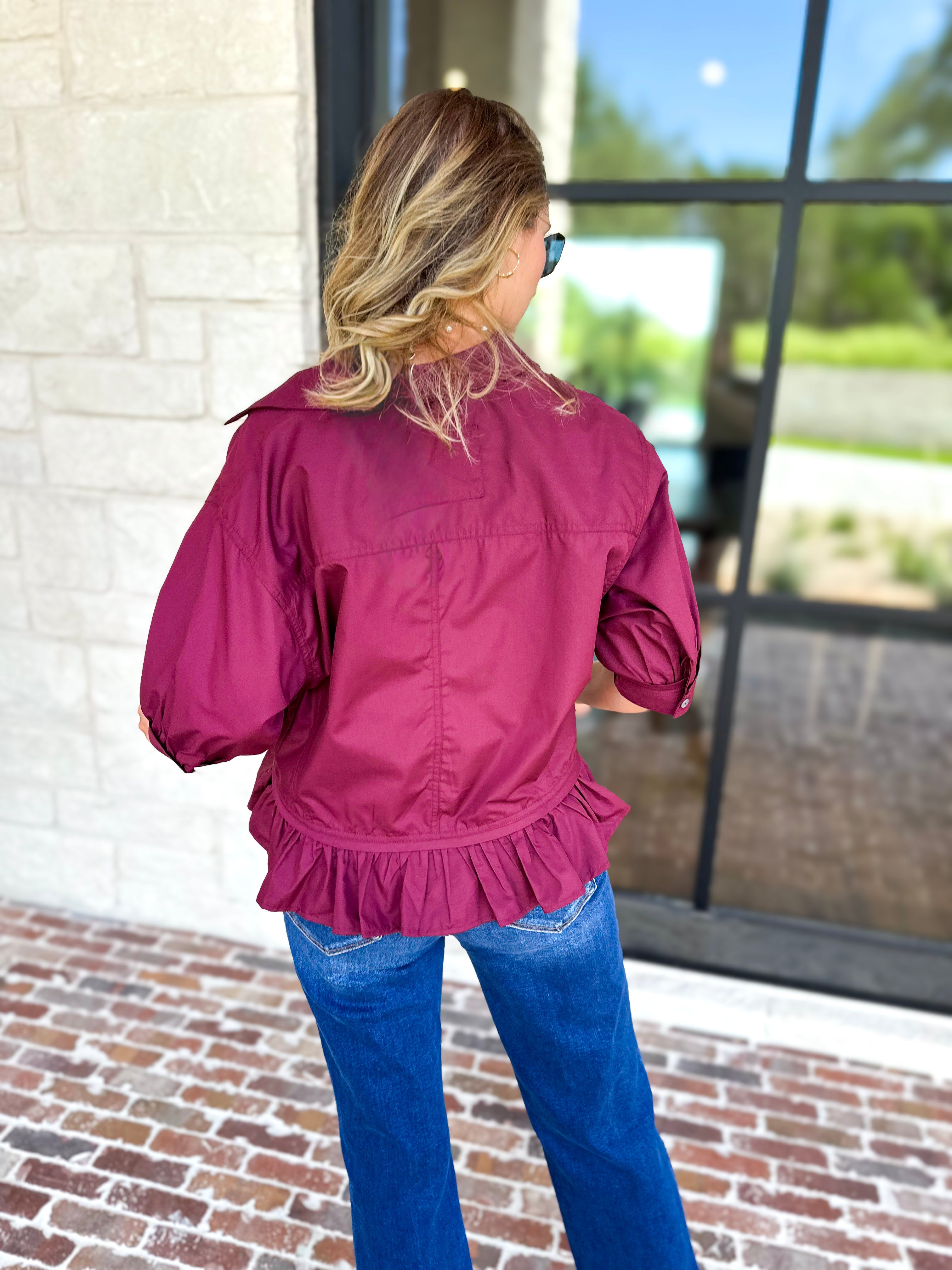 Effortless Ruffle Hem Blouse - Maroon-200 Fashion Blouses-ENTRO-July & June Women's Fashion Boutique Located in San Antonio, Texas