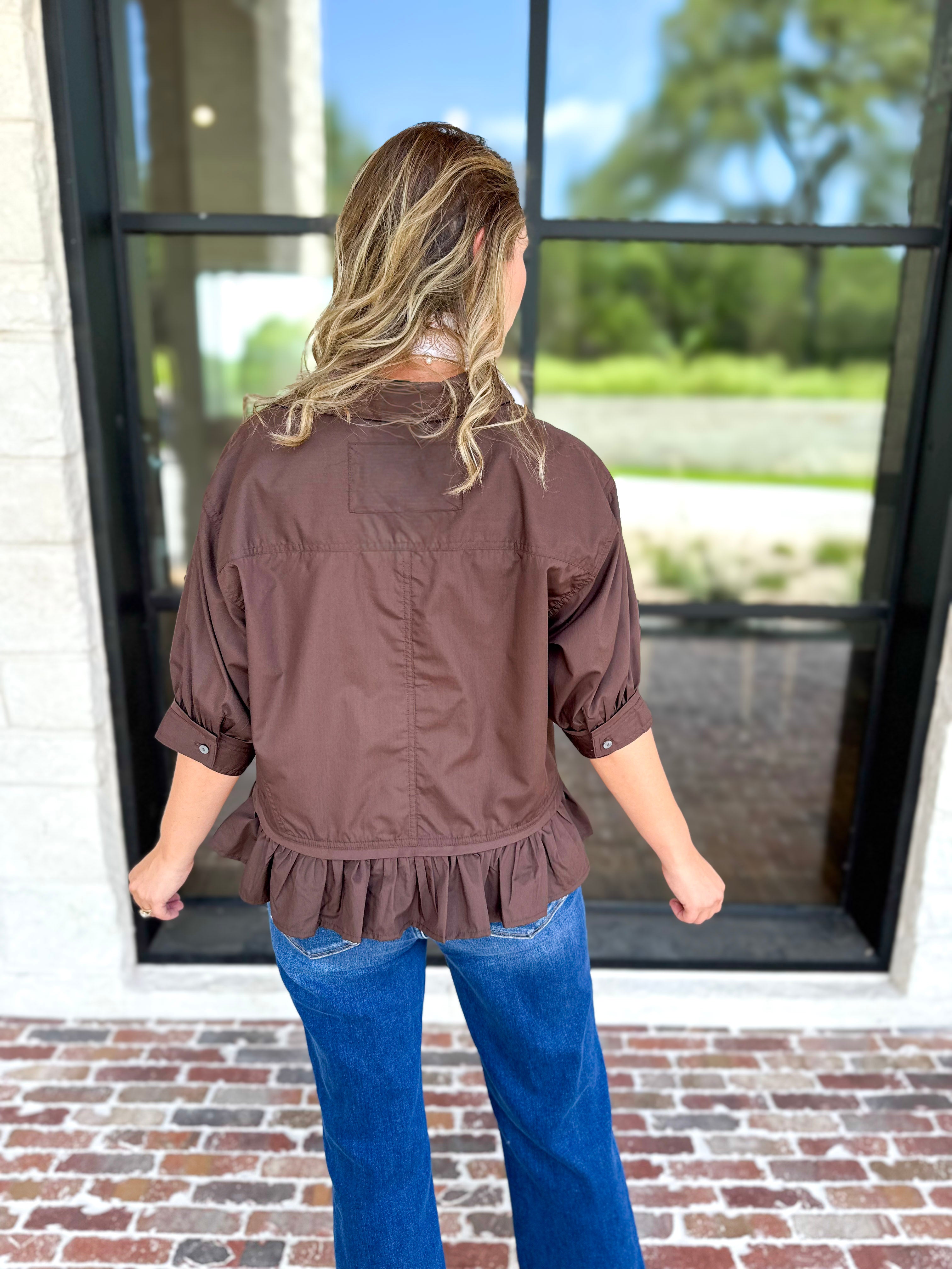Effortless Ruffle Hem Blouse - Brown-200 Fashion Blouses-ENTRO-July & June Women's Fashion Boutique Located in San Antonio, Texas