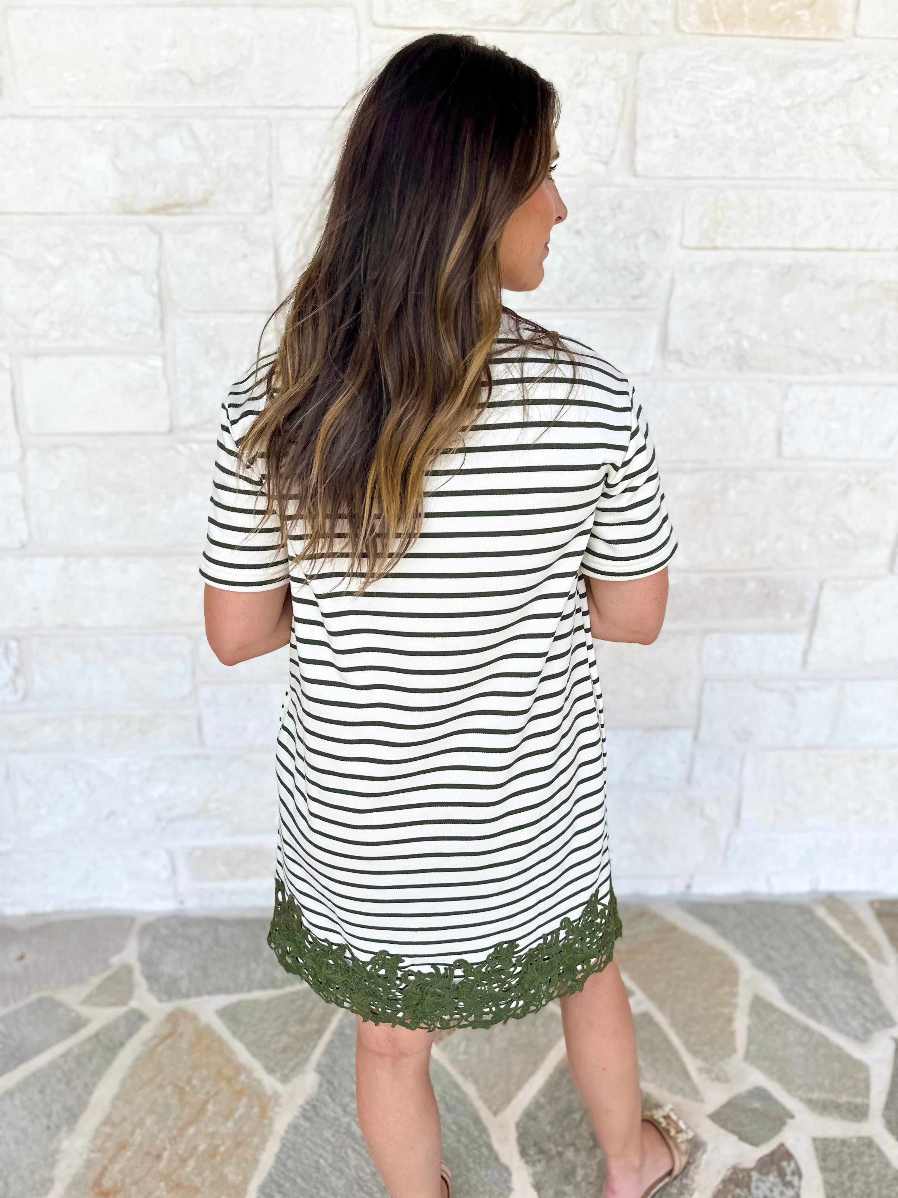 Stripes & Lace Shift Dress - Olive & Cream-510 Mini-ENTRO-July & June Women's Fashion Boutique Located in San Antonio, Texas