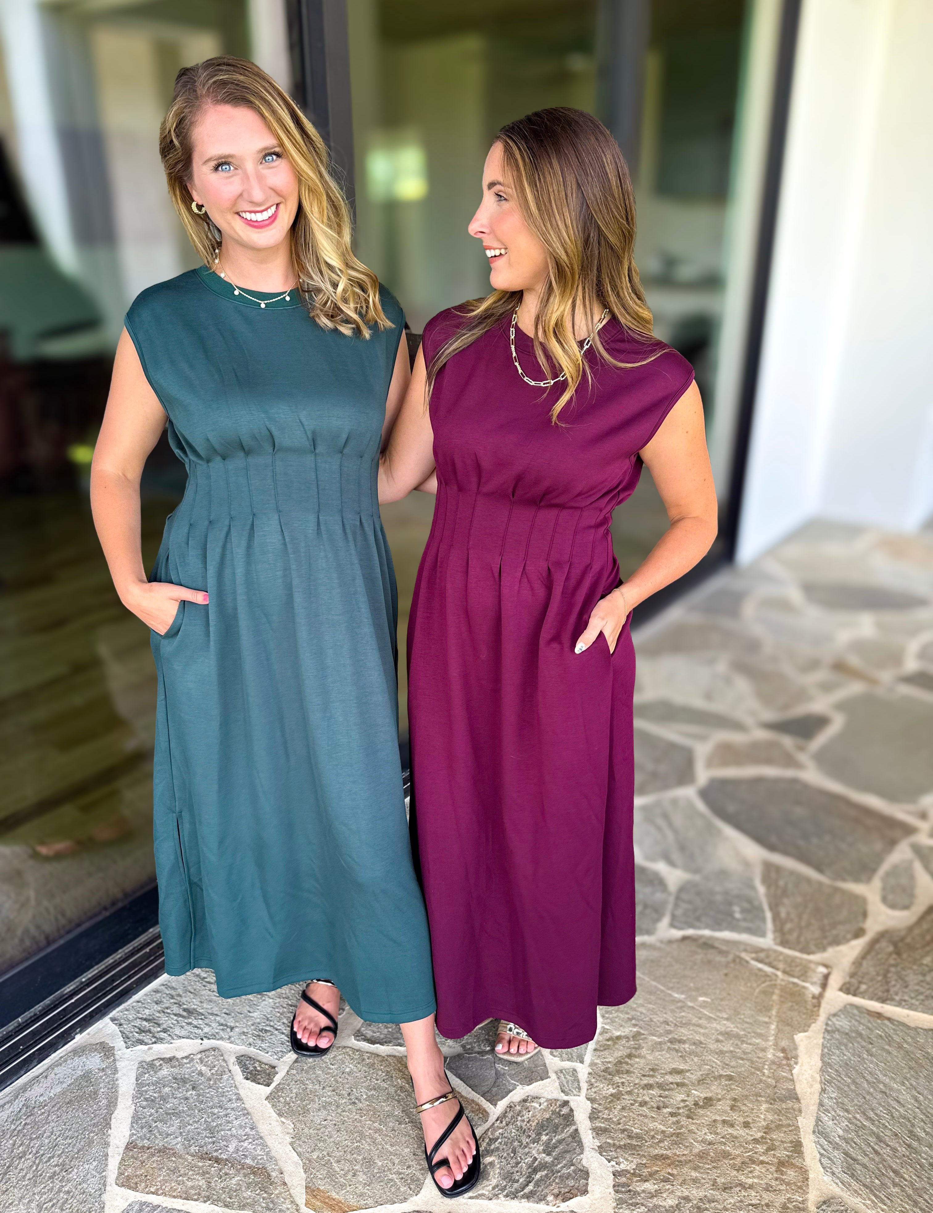 Polished Pin-Tuck Midi Dress - Pine Green-500 Midi-ENTRO-July & June Women's Fashion Boutique Located in San Antonio, Texas