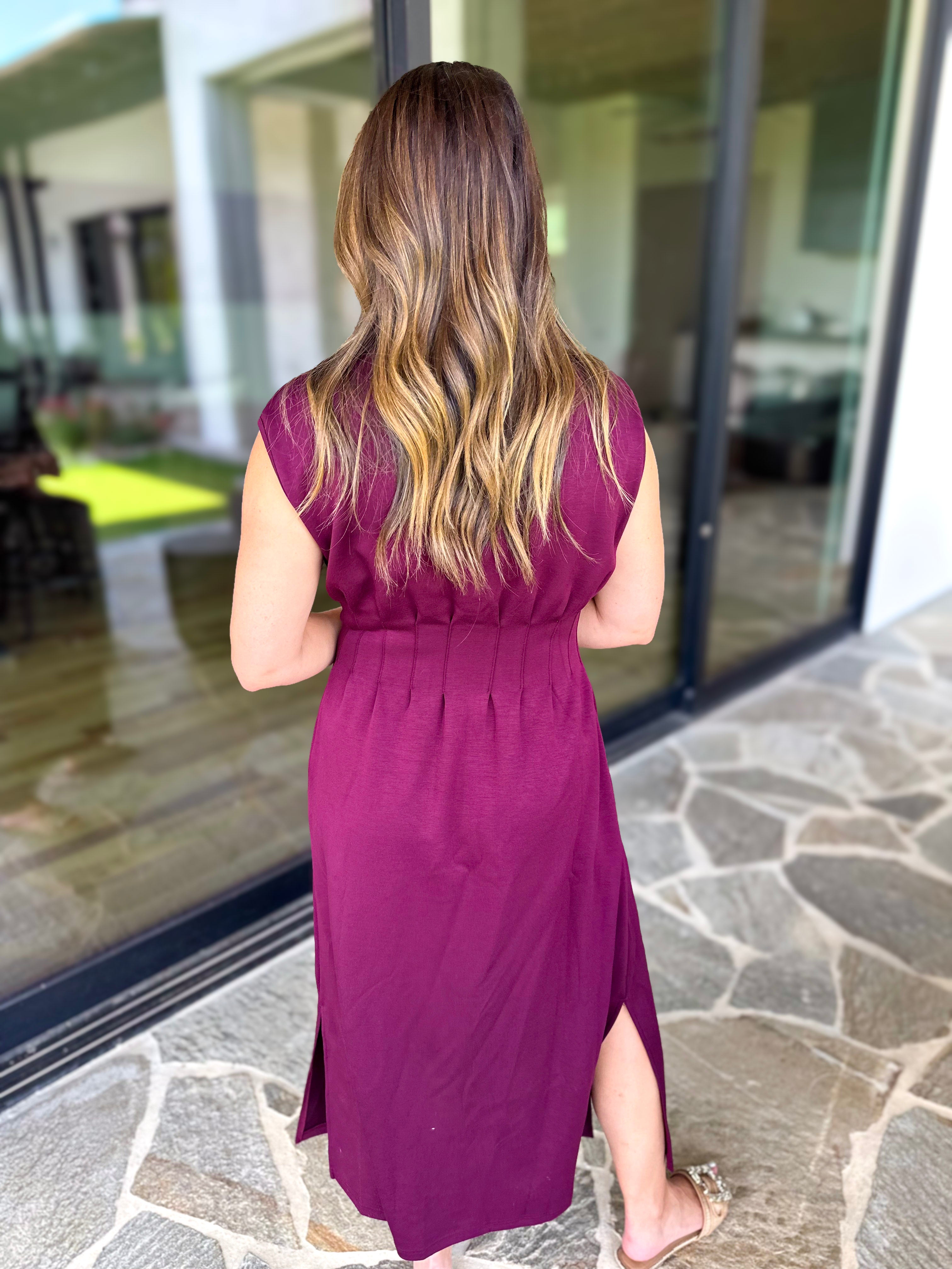 Polished Pin-Tuck Midi Dress - Burgundy-500 Midi-ENTRO-July & June Women's Fashion Boutique Located in San Antonio, Texas