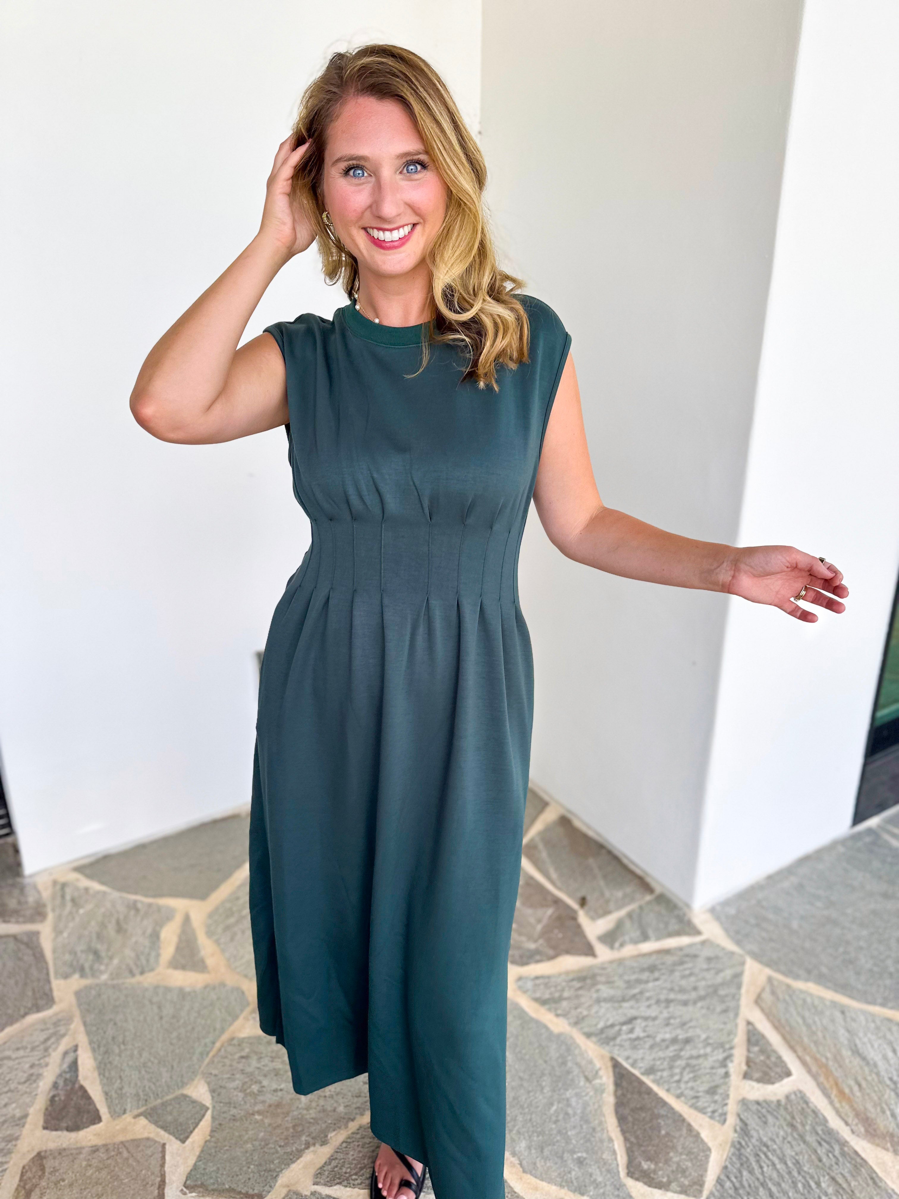 Polished Pin-Tuck Midi Dress - Pine Green-500 Midi-ENTRO-July & June Women's Fashion Boutique Located in San Antonio, Texas