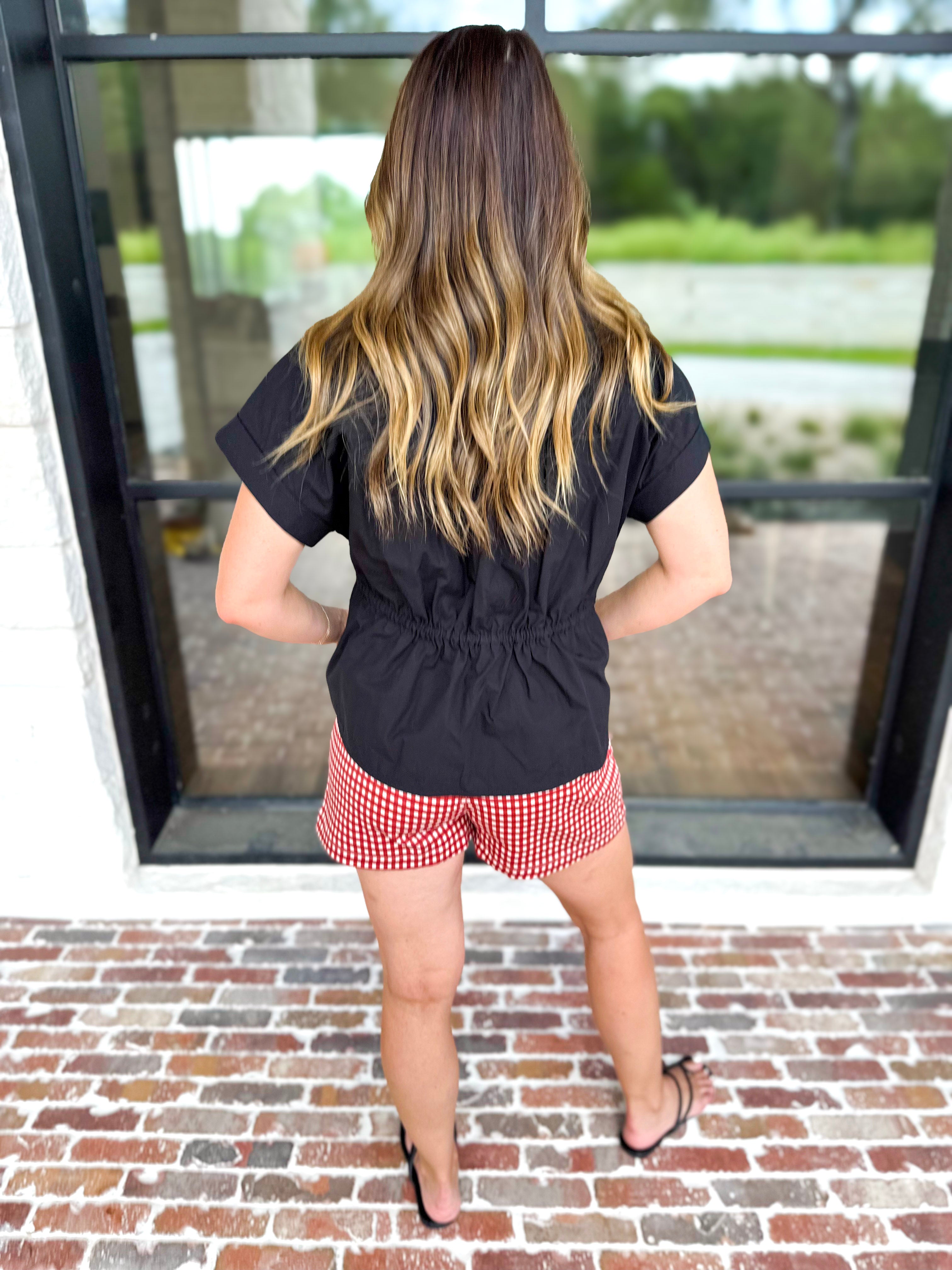 Cinch Waist Blouse - Black-200 Fashion Blouses-ENTRO-July & June Women's Fashion Boutique Located in San Antonio, Texas