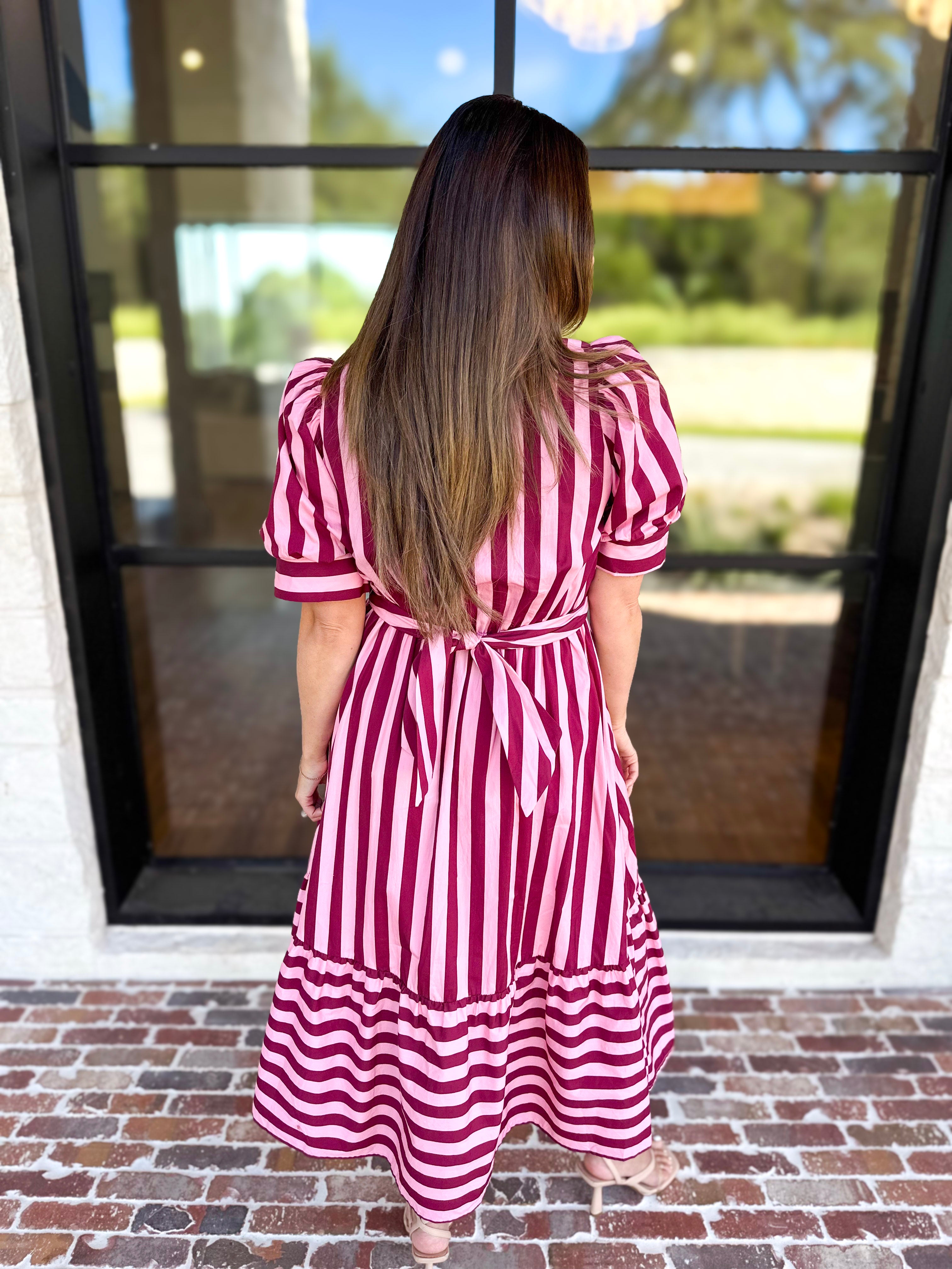 Color Drench Striped Midi Dress - Blushed Berry-500 Midi-ENTRO-July & June Women's Fashion Boutique Located in San Antonio, Texas