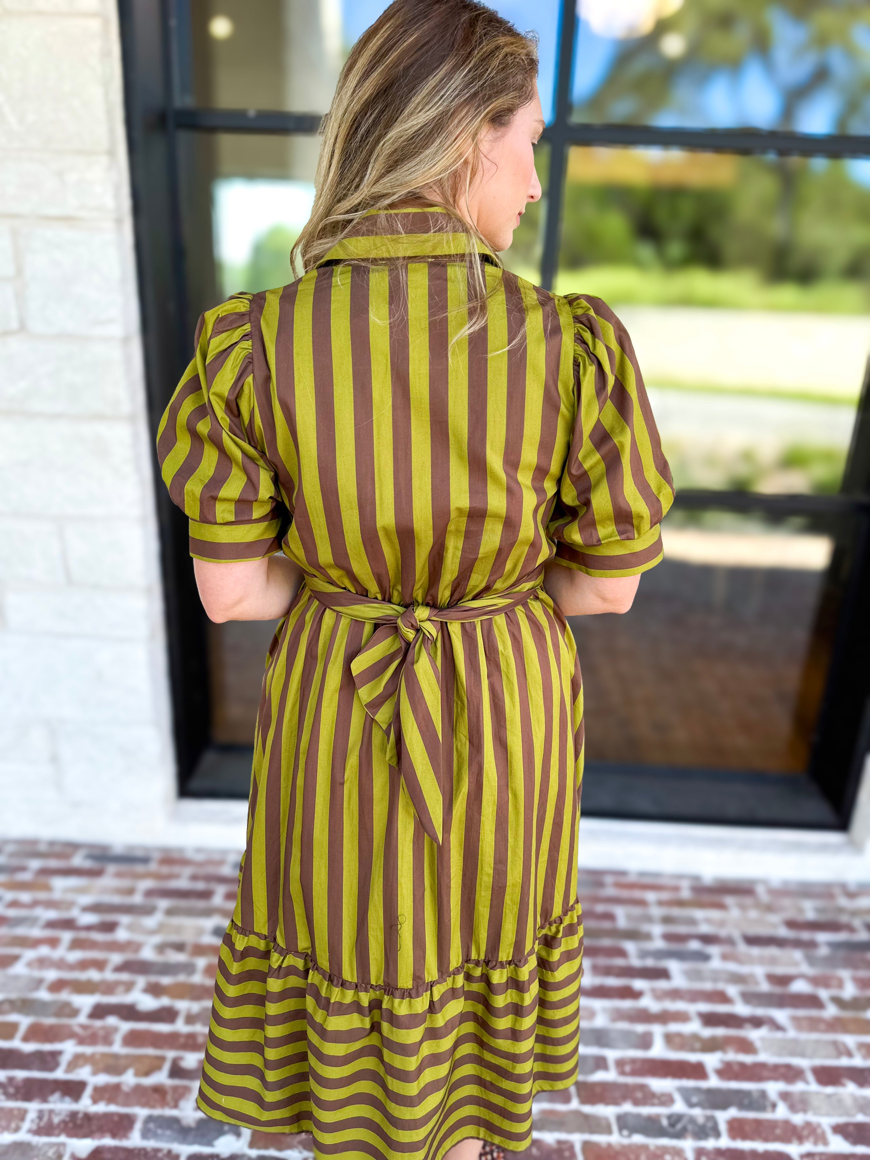 Color Drench Striped Midi Dress - Martini Olive-500 Midi-ENTRO-July & June Women's Fashion Boutique Located in San Antonio, Texas
