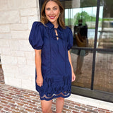 Flirty Embroidered Mini Dress - Navy-510 Mini-ENTRO-July & June Women's Fashion Boutique Located in San Antonio, Texas