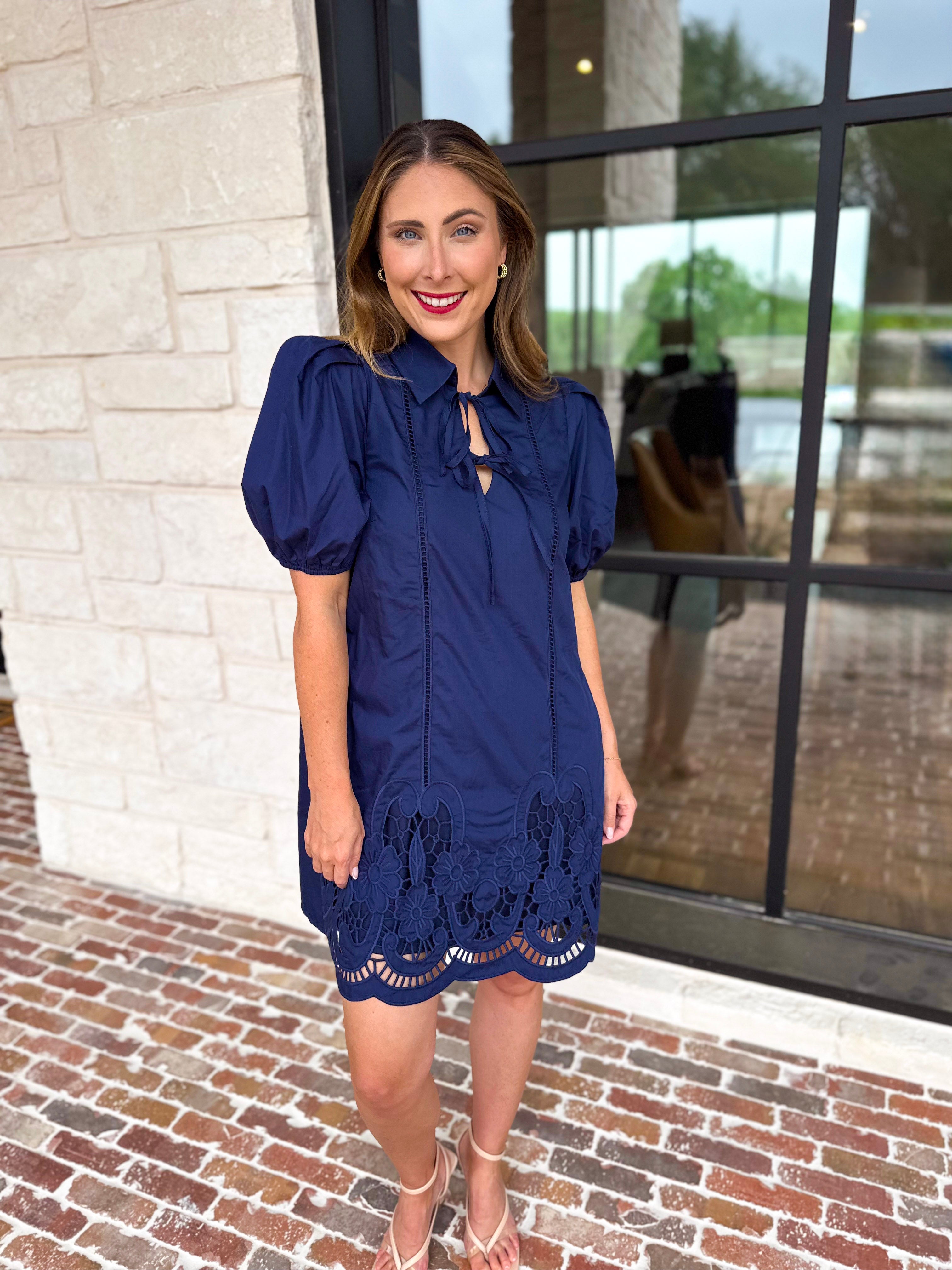 Flirty Embroidered Mini Dress - Navy-510 Mini-ENTRO-July & June Women's Fashion Boutique Located in San Antonio, Texas