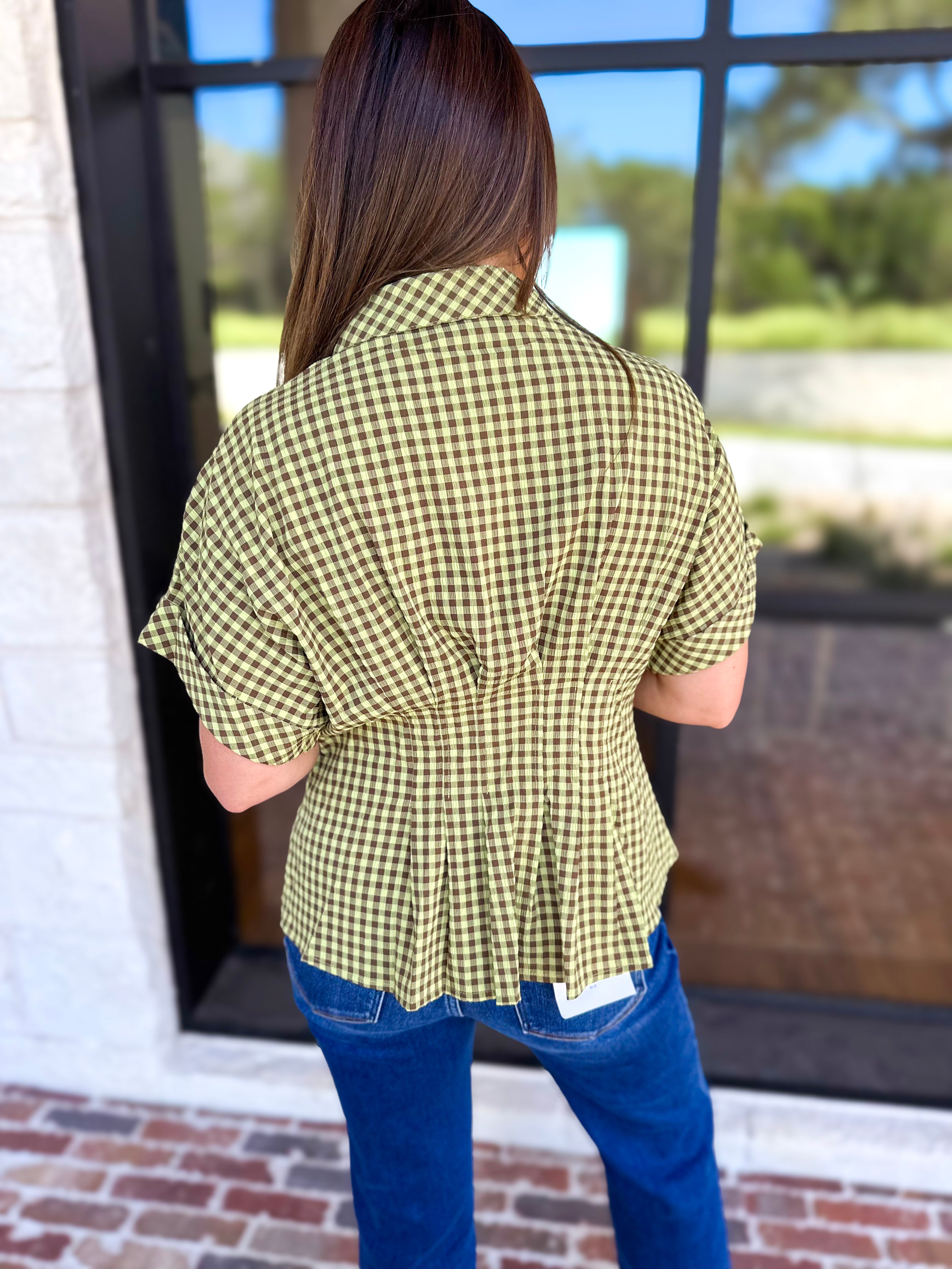 Living Life Gingham Top - Matcha-200 Fashion Blouses-ENTRO-July & June Women's Fashion Boutique Located in San Antonio, Texas
