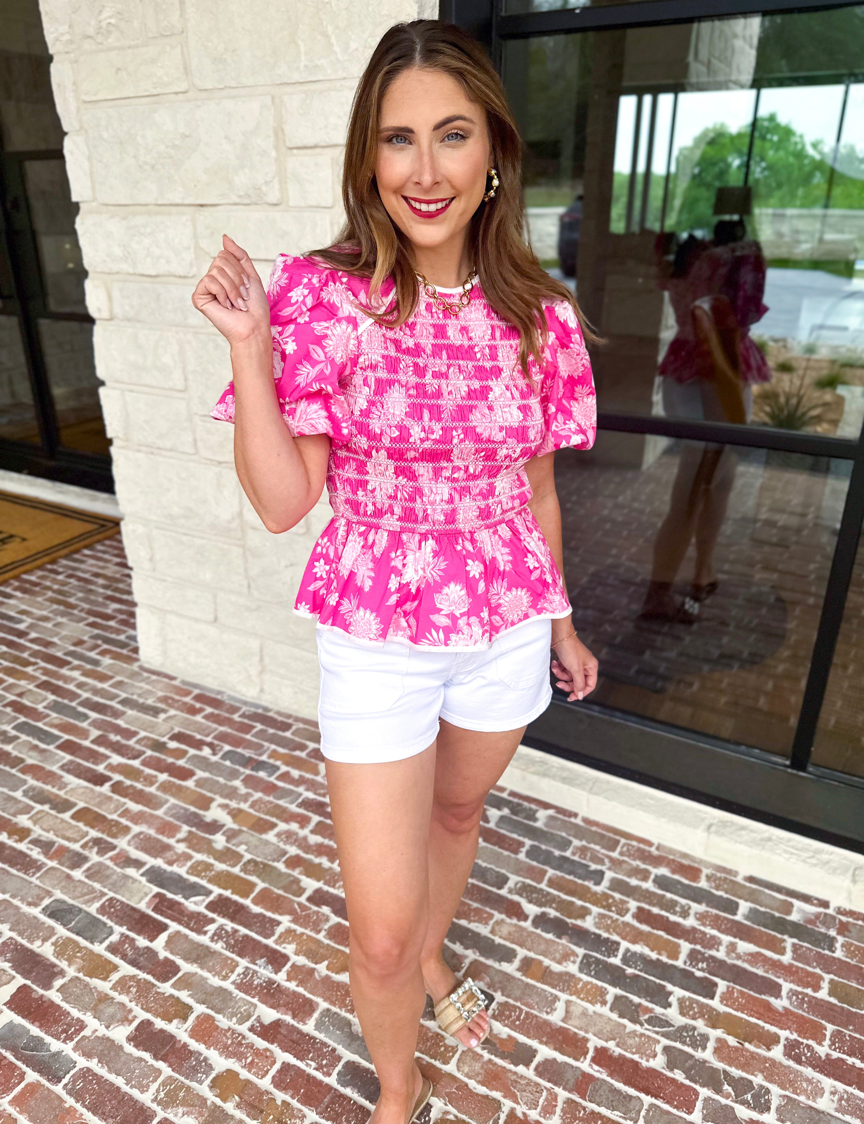 Pink Peplum Blouse-200 Fashion Blouses-STRUT & BOLT-July & June Women's Fashion Boutique Located in San Antonio, Texas